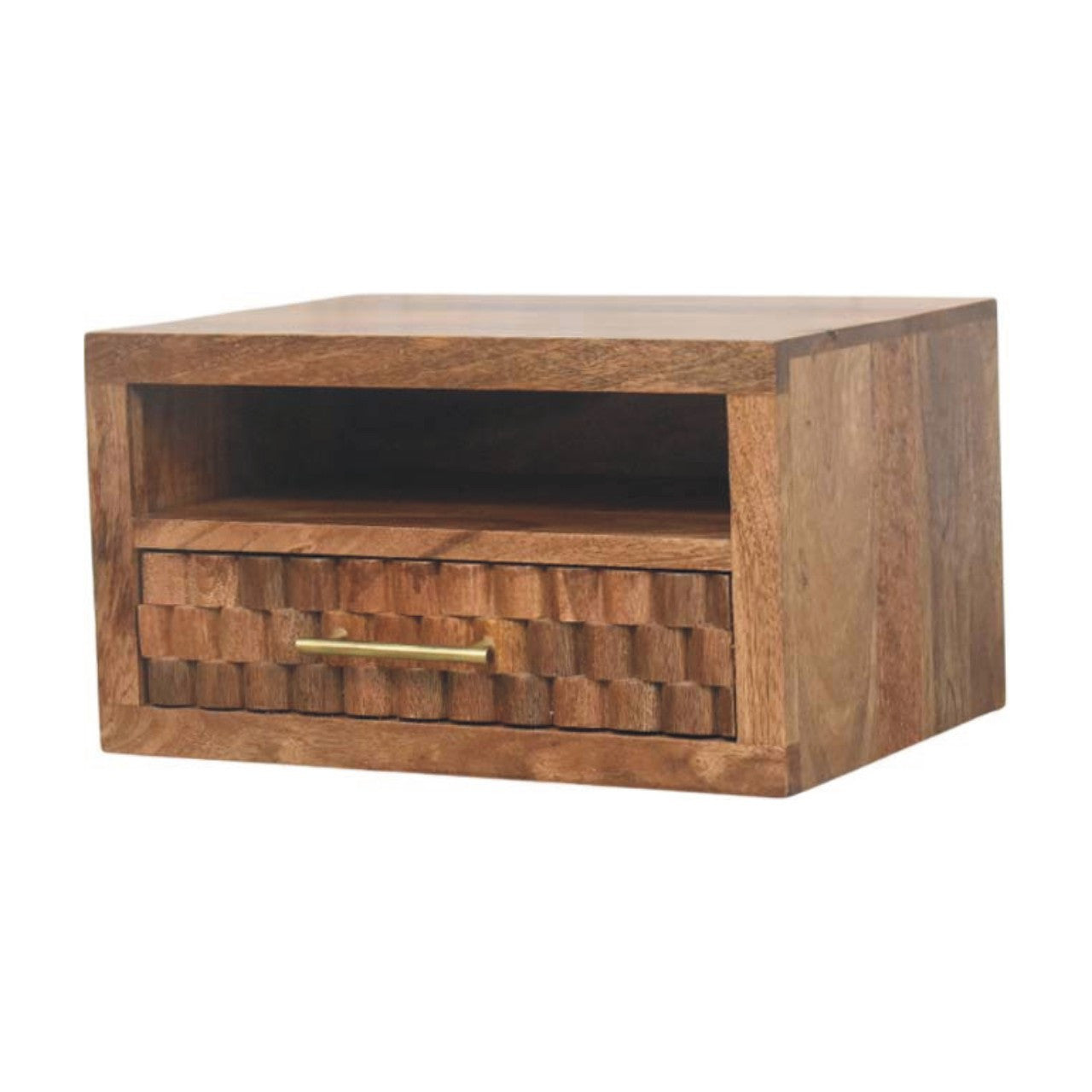 18" Brown Solid Wood Carved Geometric One Drawer Floating Nightstand