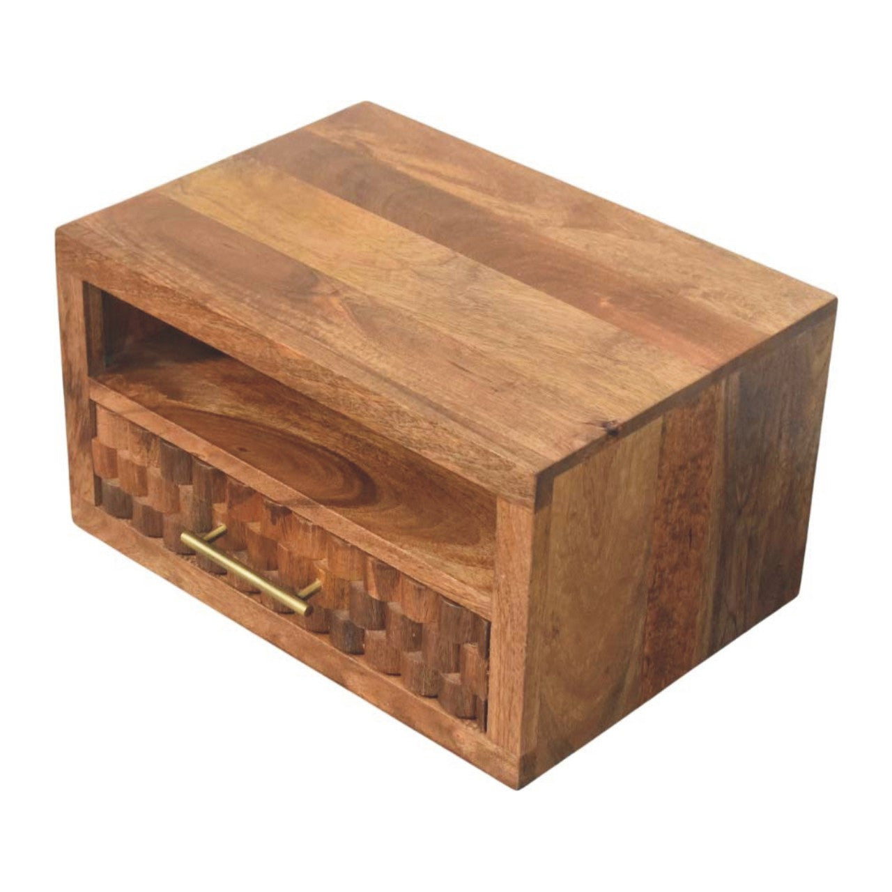 18" Brown Solid Wood Carved Geometric One Drawer Floating Nightstand