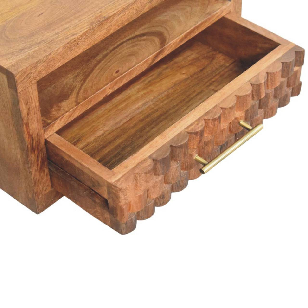 18" Brown Solid Wood Carved Geometric One Drawer Floating Nightstand