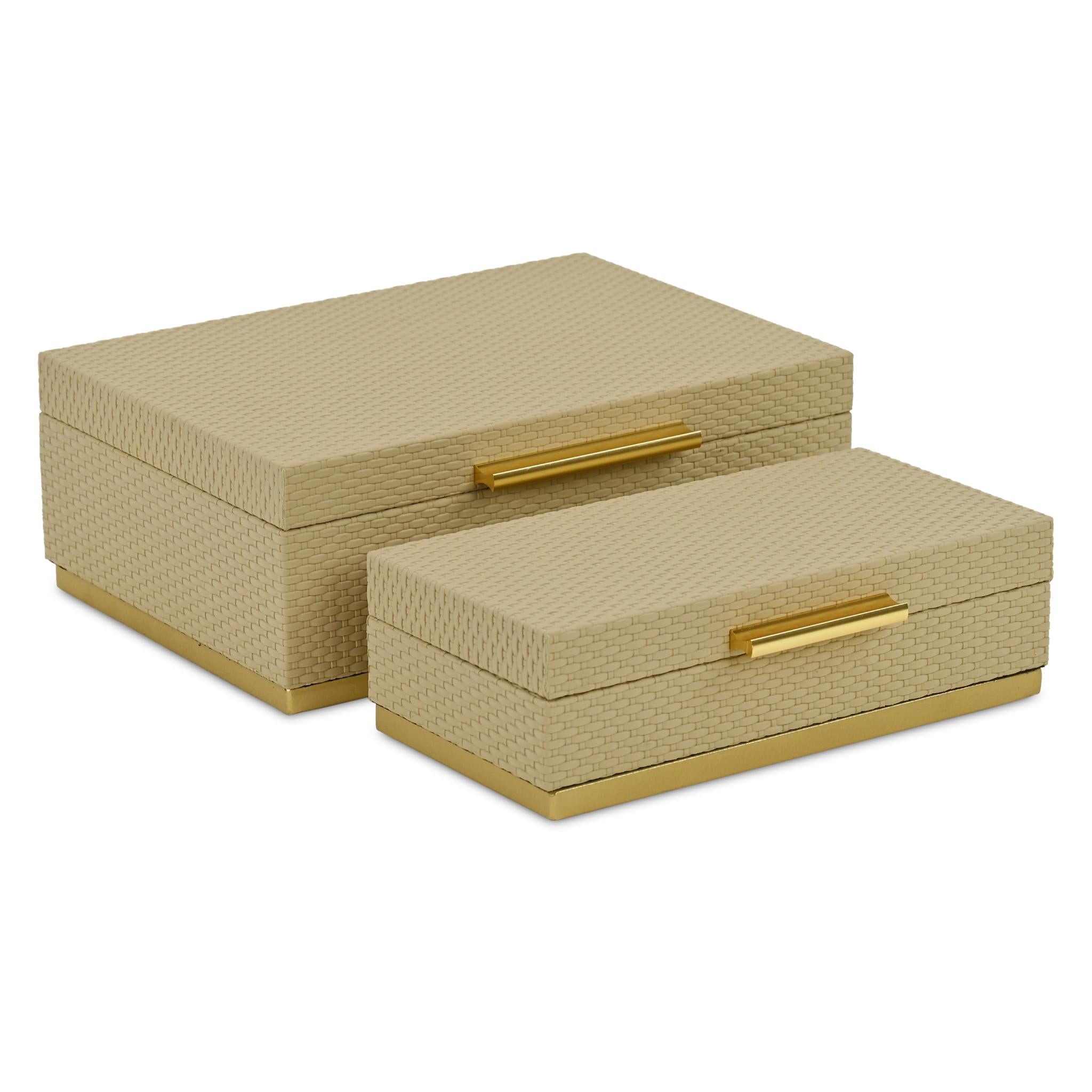 Set of Two Taupe And Gold Nesting Decorative Storage Boxes With Lids