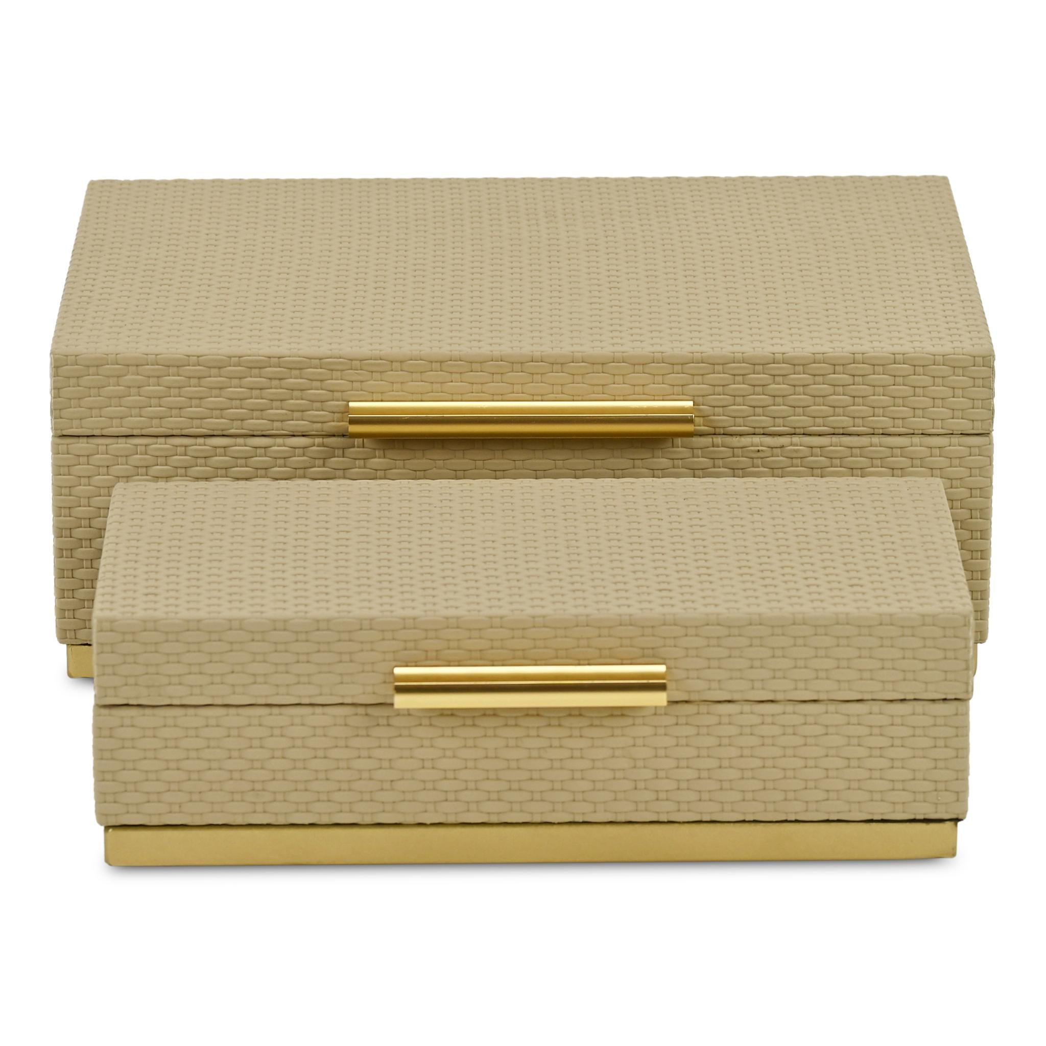 Set of Two Taupe And Gold Nesting Decorative Storage Boxes With Lids