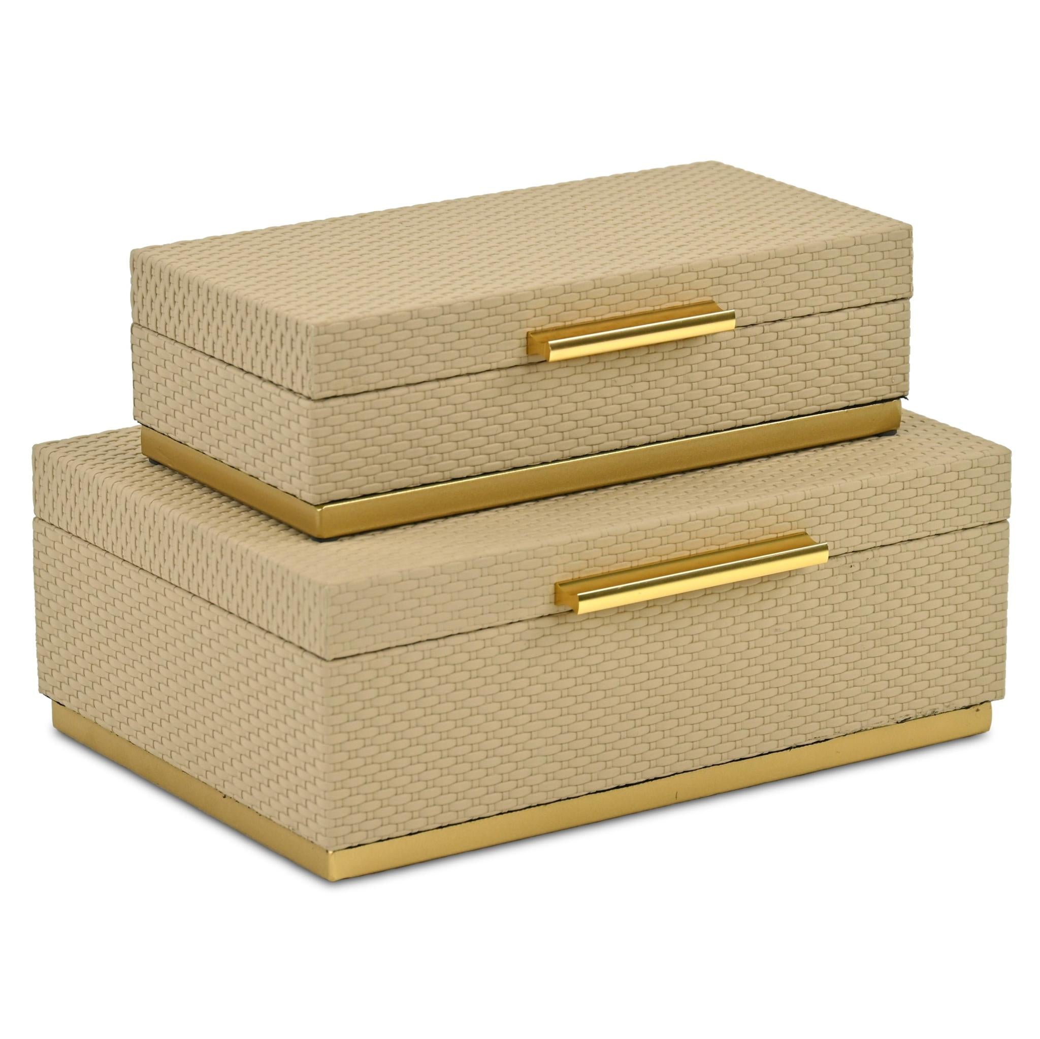 Set of Two Taupe And Gold Nesting Decorative Storage Boxes With Lids