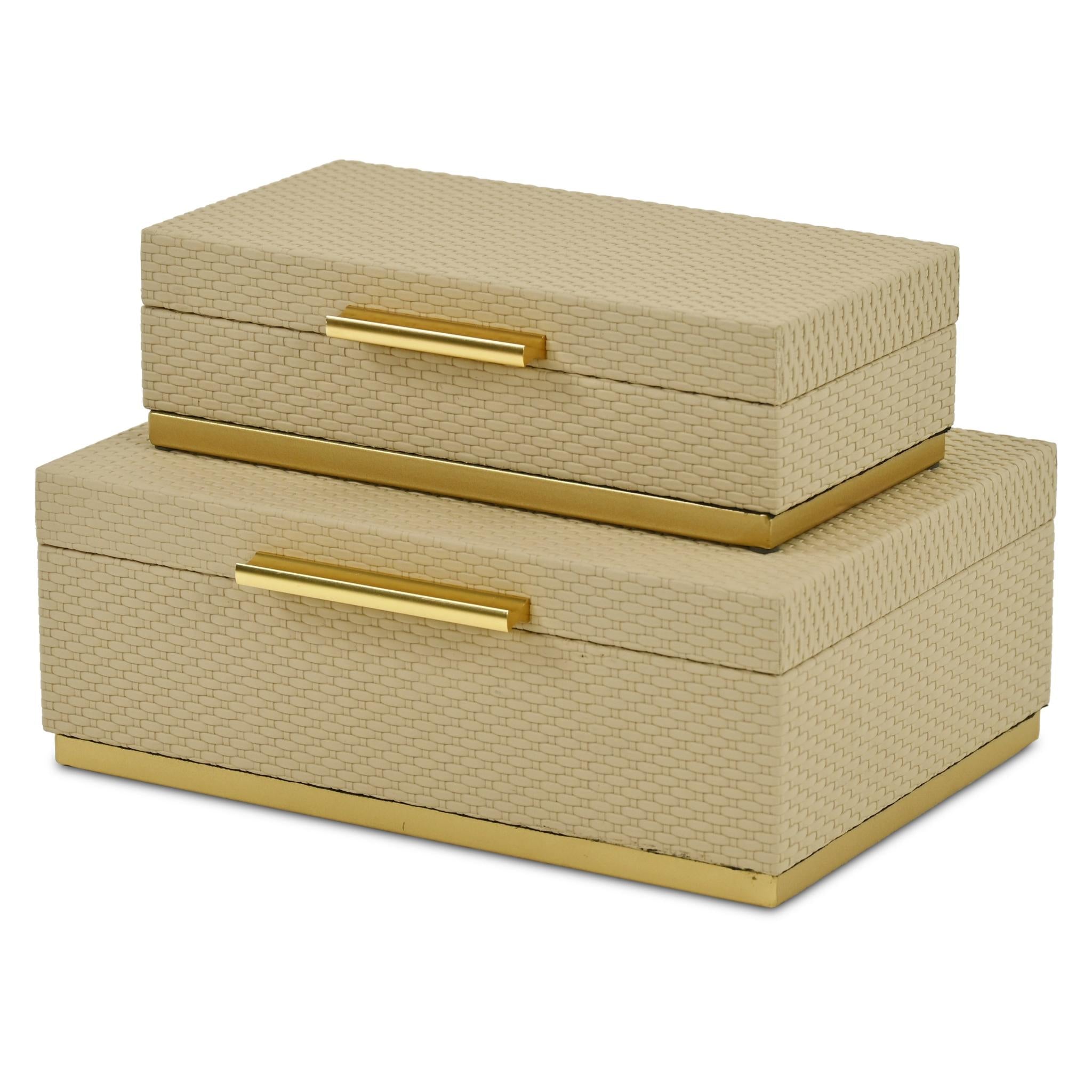Set of Two Taupe And Gold Nesting Decorative Storage Boxes With Lids