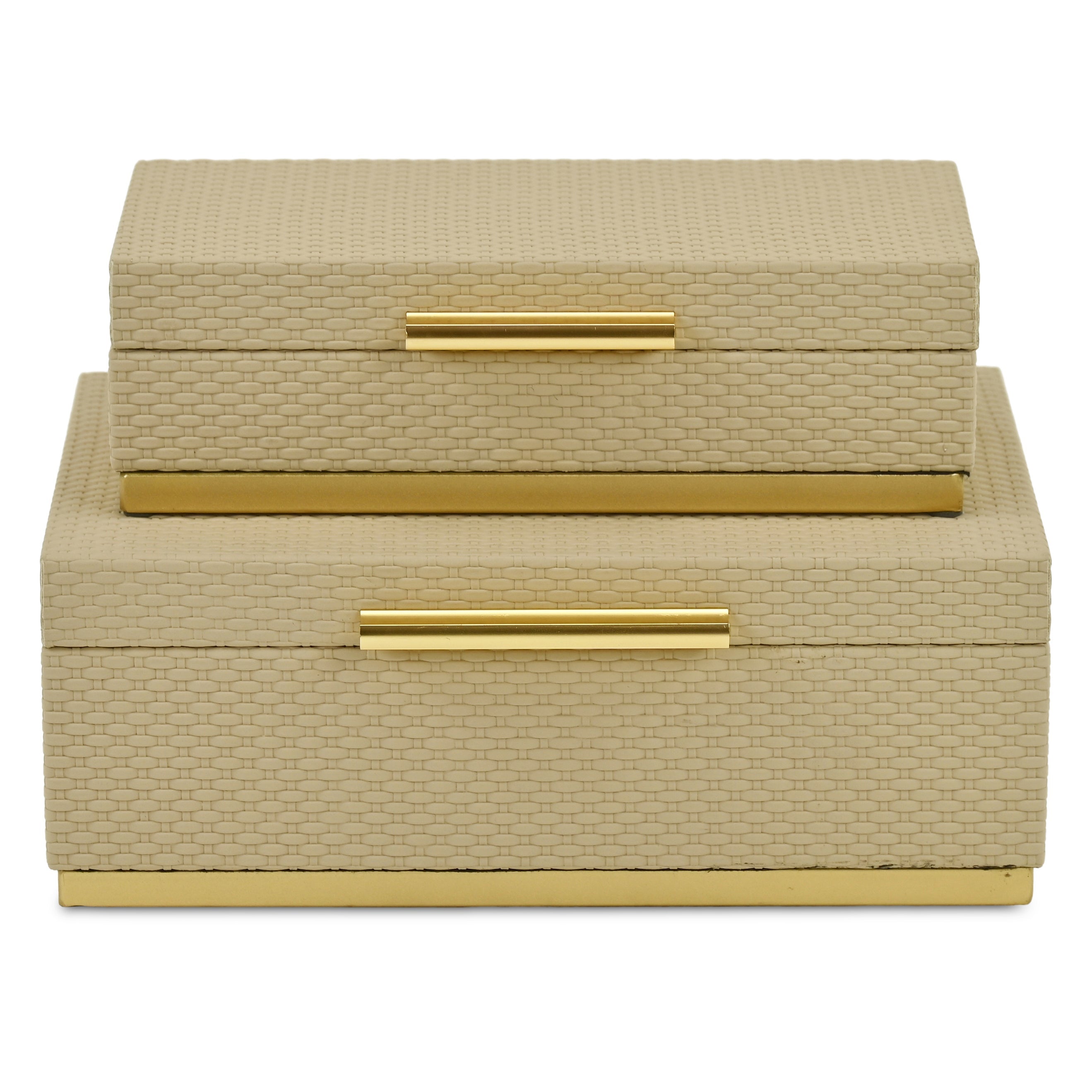 Set of Two Taupe And Gold Nesting Decorative Storage Boxes With Lids