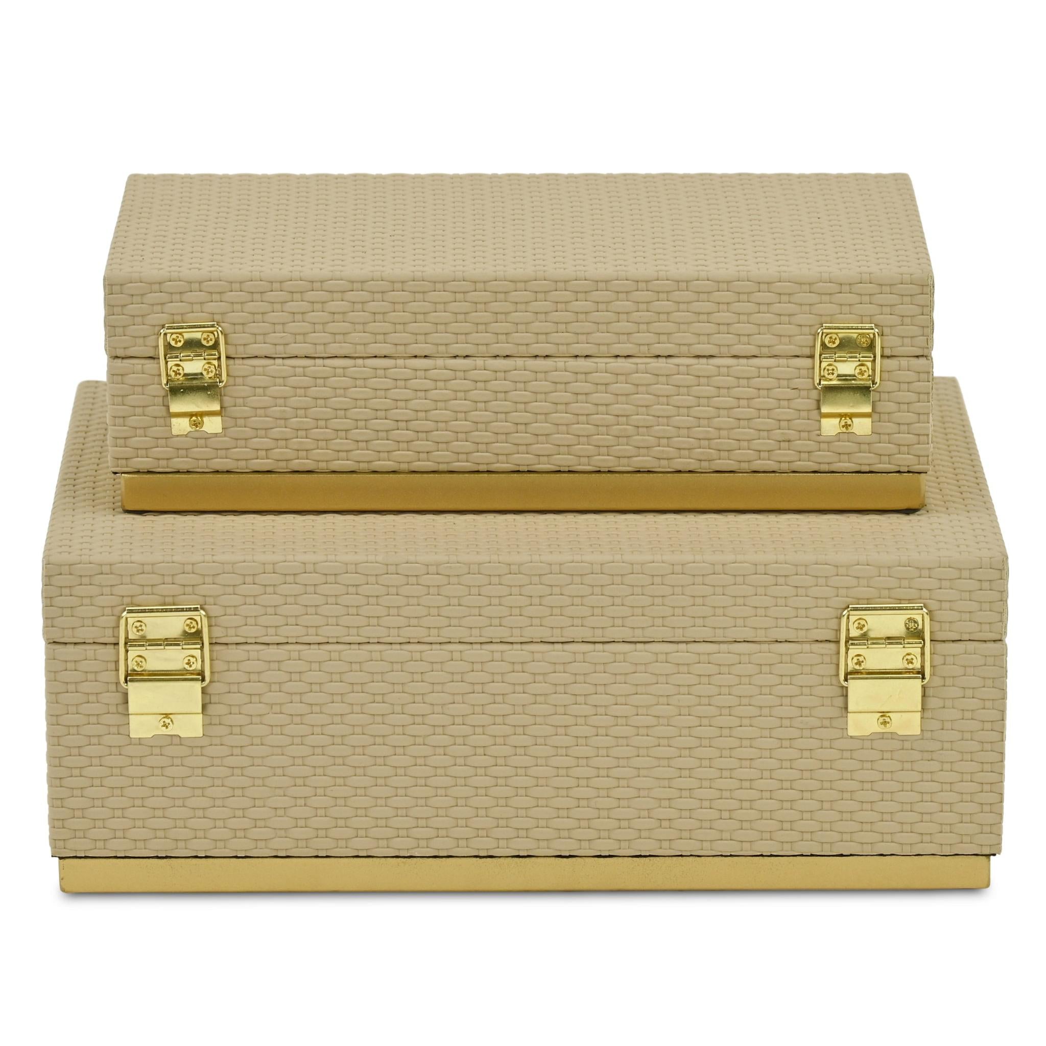 Set of Two Taupe And Gold Nesting Decorative Storage Boxes With Lids