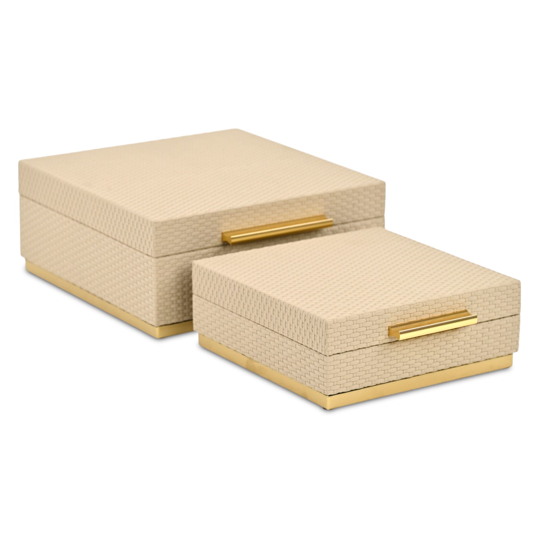 Set of Two Taupe And Gold Square Nesting Decorative Storage Boxes With Lids
