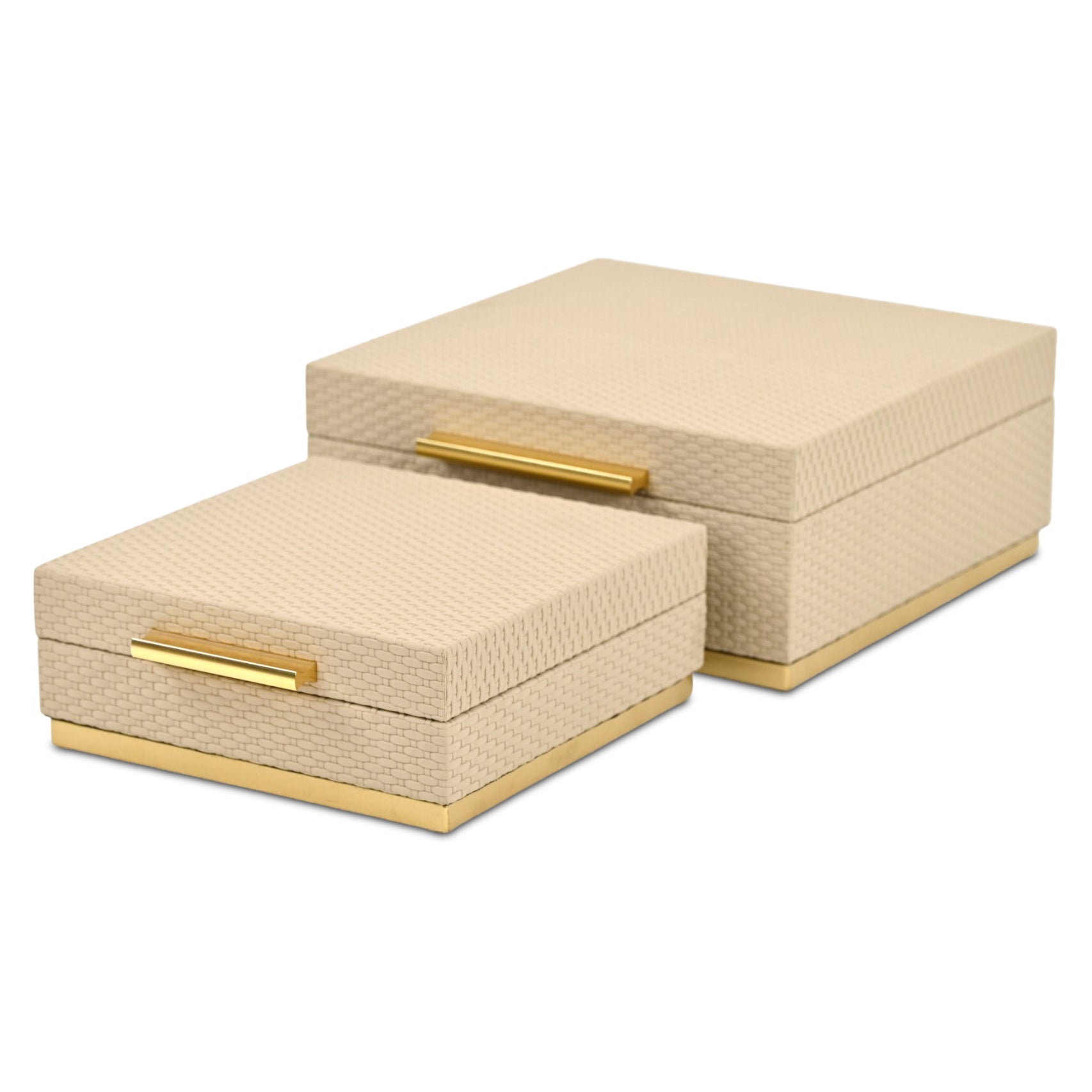 Set of Two Taupe And Gold Square Nesting Decorative Storage Boxes With Lids