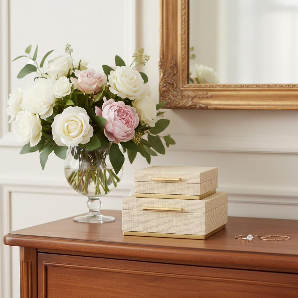 Set of Two Taupe And Gold Square Nesting Decorative Storage Boxes With Lids