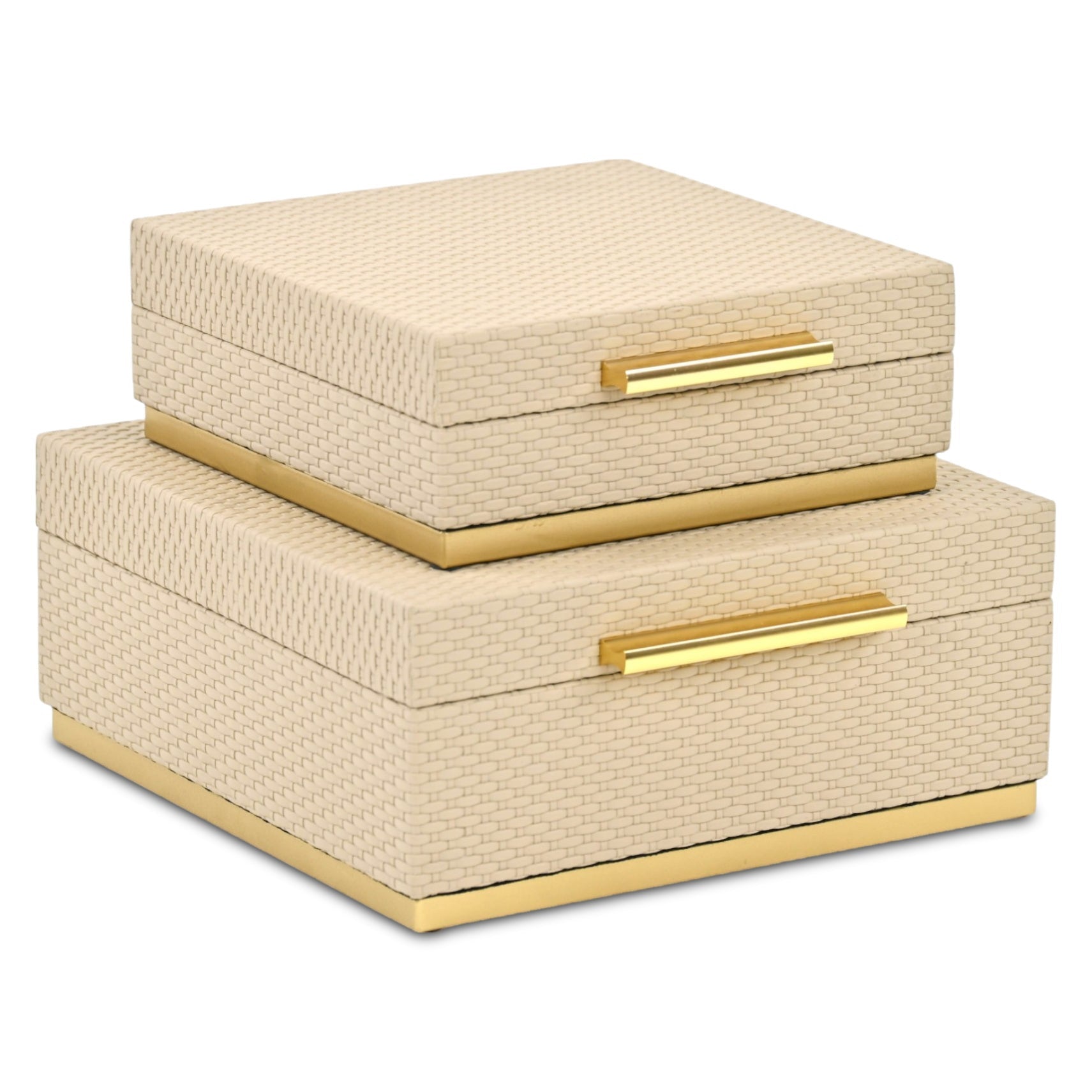 Set of Two Taupe And Gold Square Nesting Decorative Storage Boxes With Lids