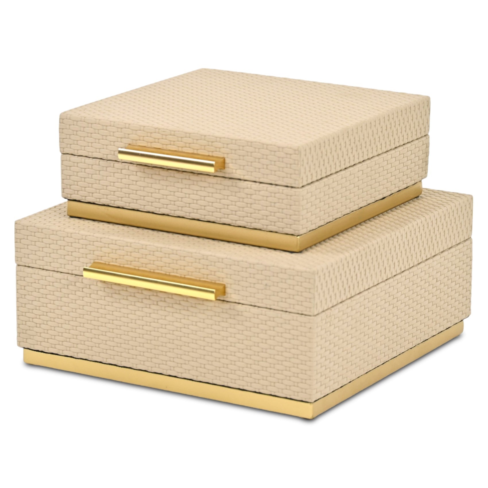 Set of Two Taupe And Gold Square Nesting Decorative Storage Boxes With Lids