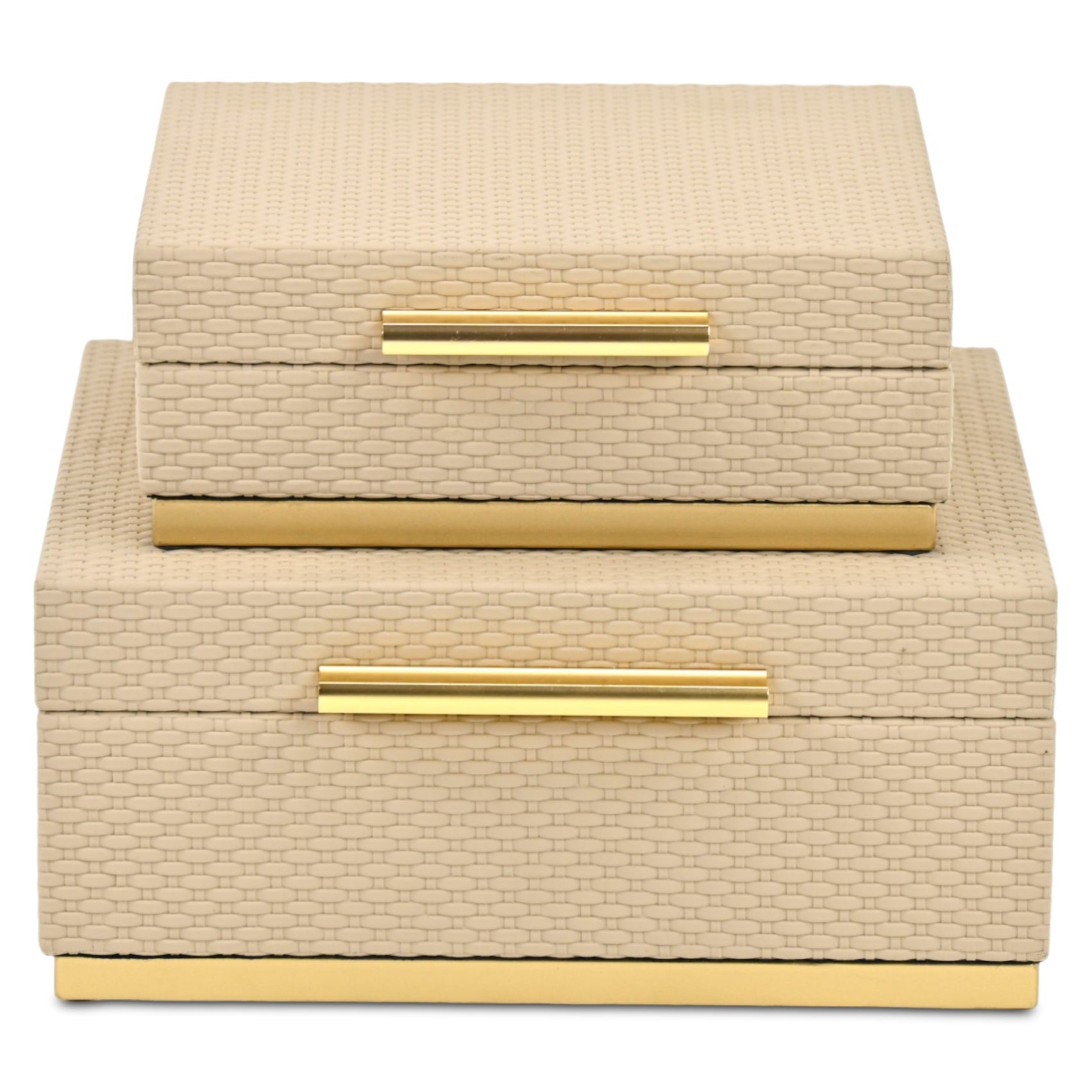 Set of Two Taupe And Gold Square Nesting Decorative Storage Boxes With Lids