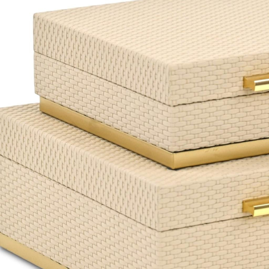 Set of Two Taupe And Gold Square Nesting Decorative Storage Boxes With Lids