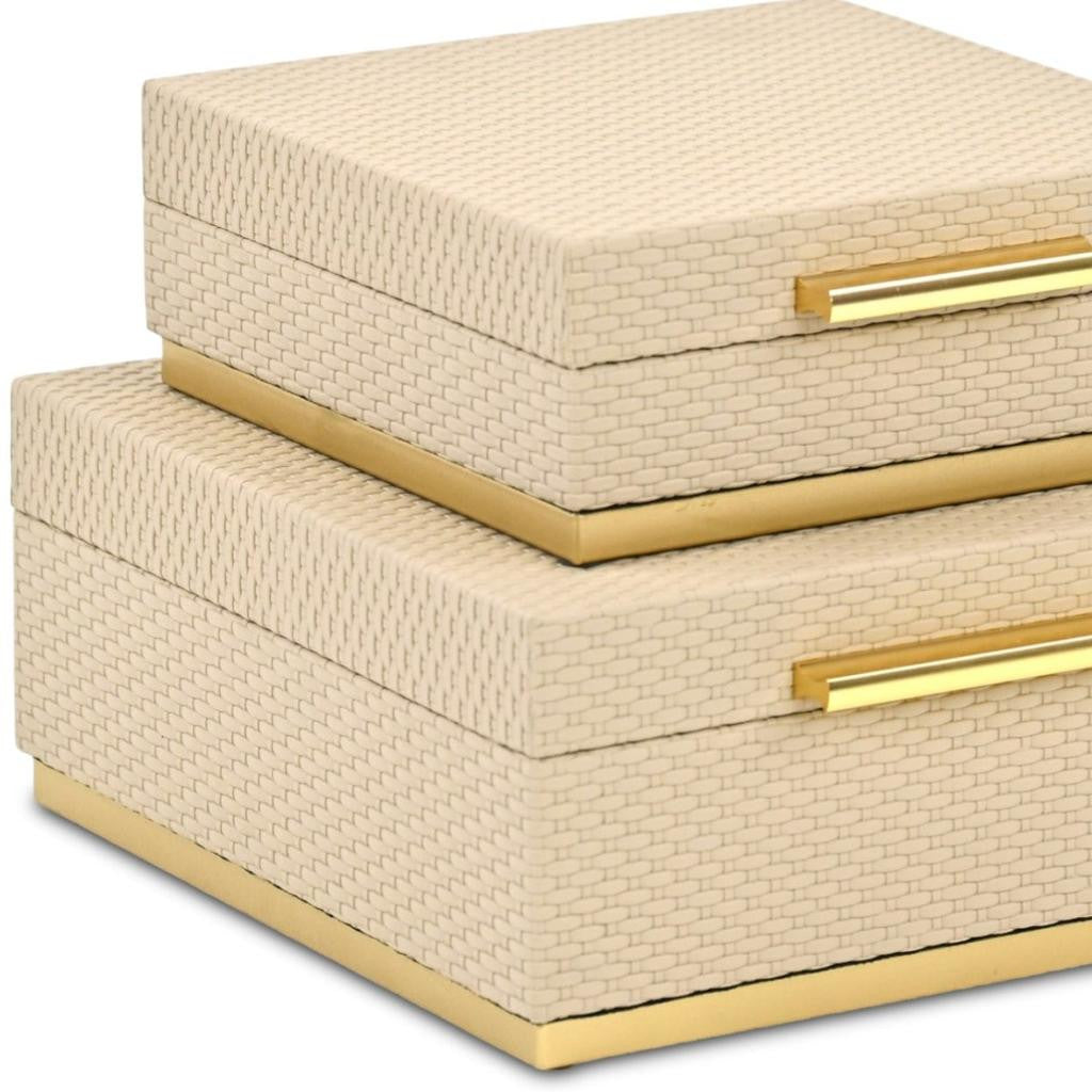 Set of Two Taupe And Gold Square Nesting Decorative Storage Boxes With Lids