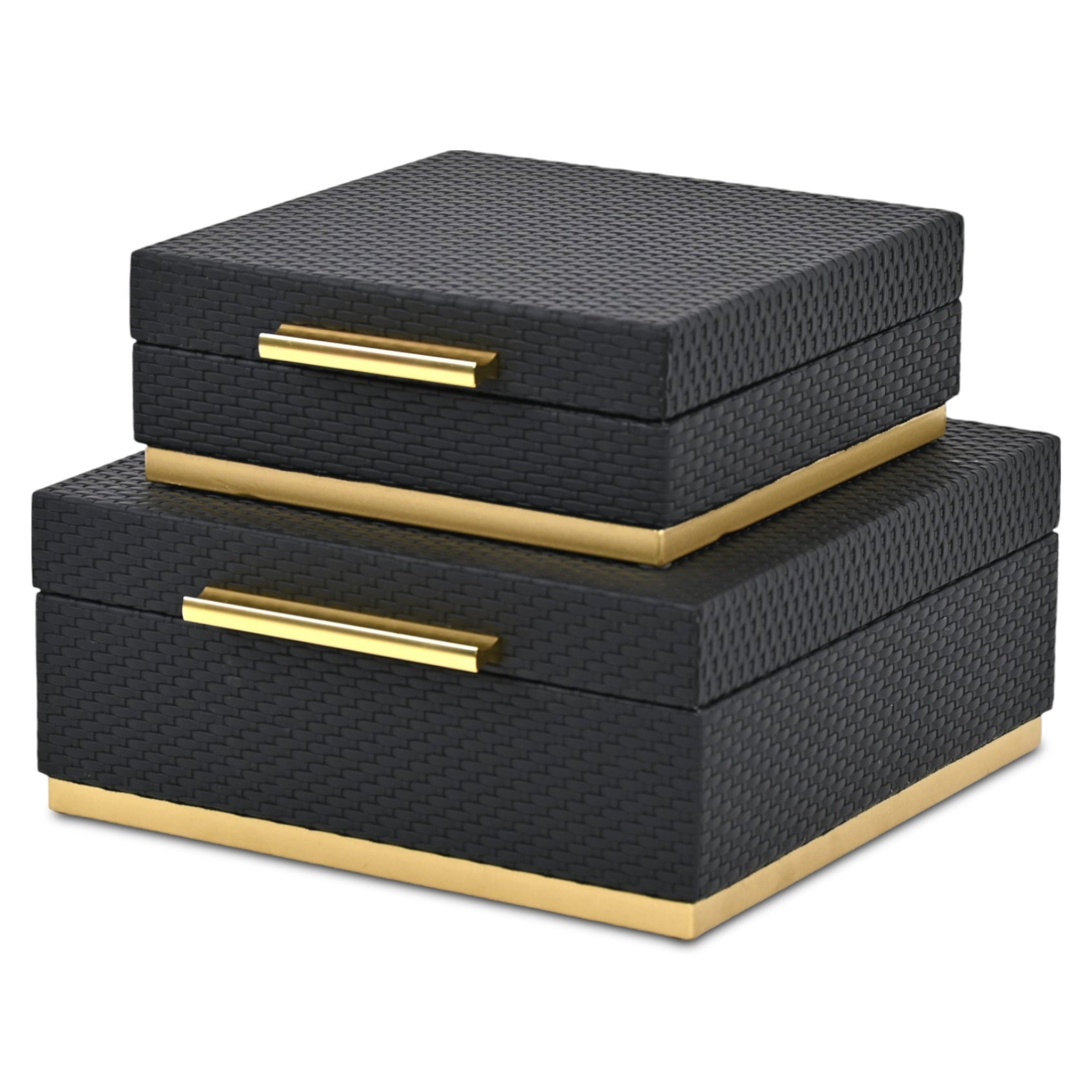 Set of Two Black And Gold Square Nesting Decorative Storage Boxes With Lids