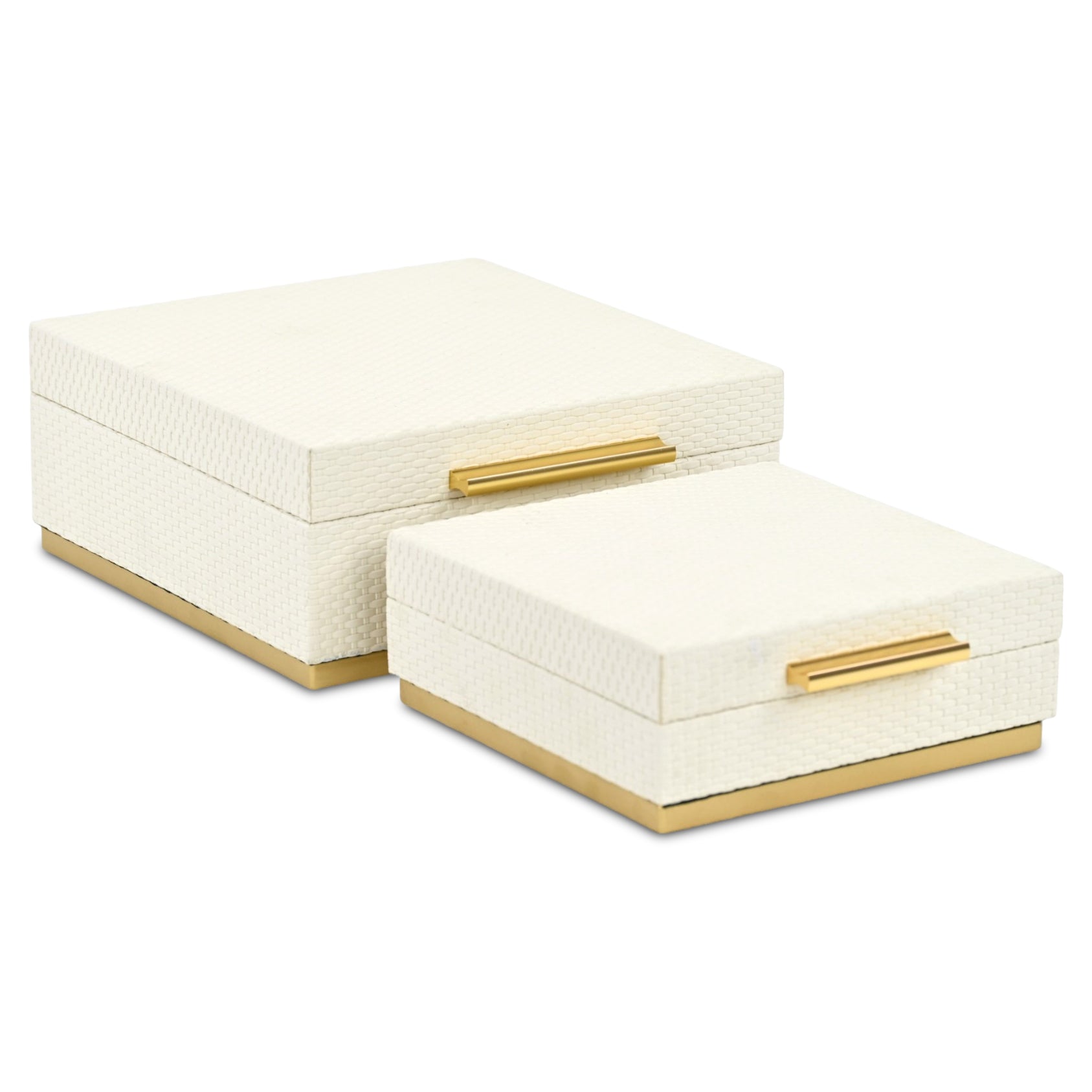 Set of Two White And Gold Square Nesting Decorative Storage Boxes With Lids