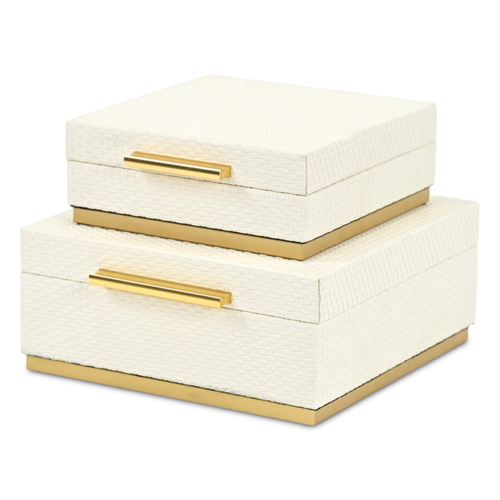 Set of Two White And Gold Square Nesting Decorative Storage Boxes With Lids
