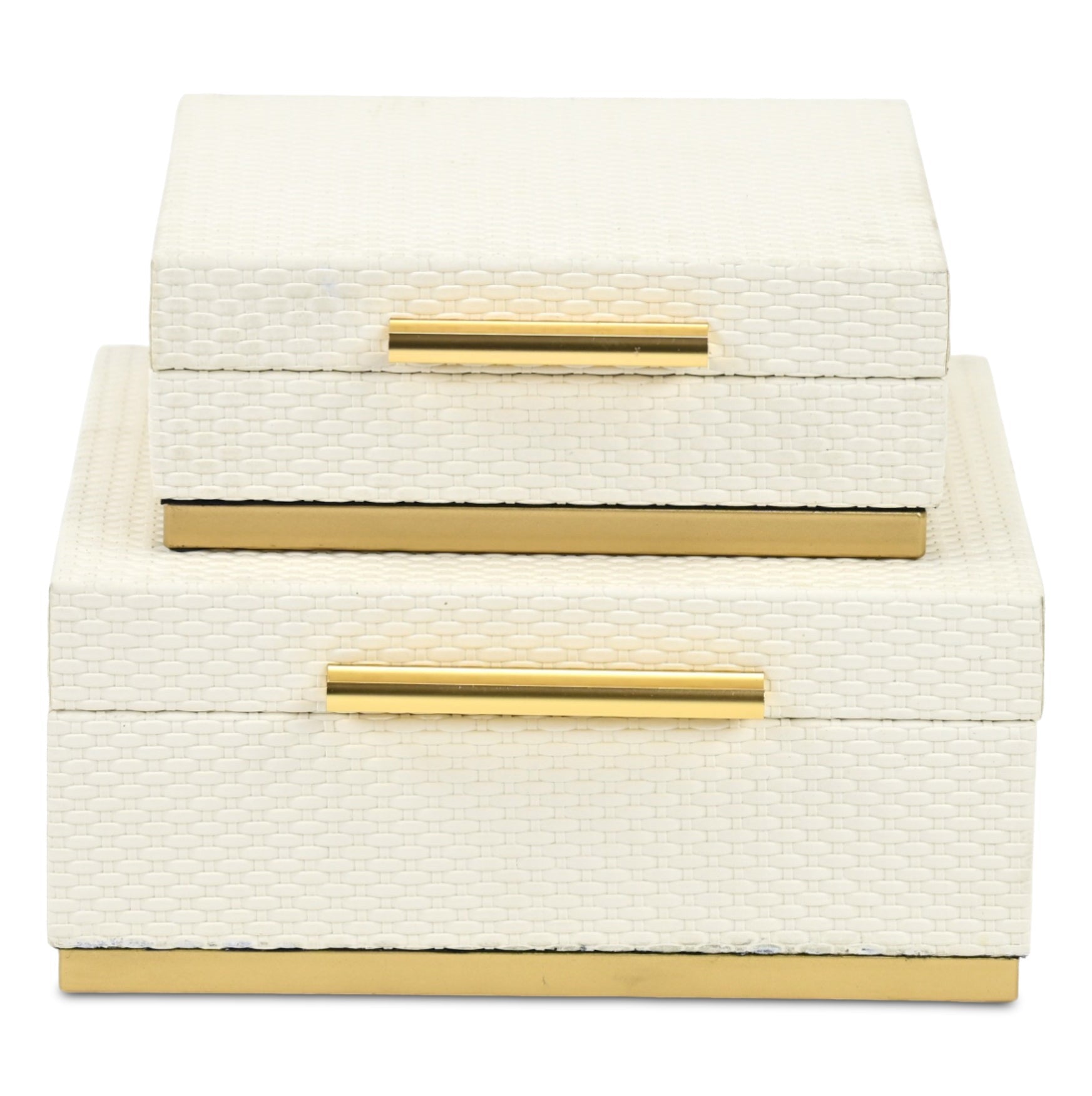 Set of Two White And Gold Square Nesting Decorative Storage Boxes With Lids