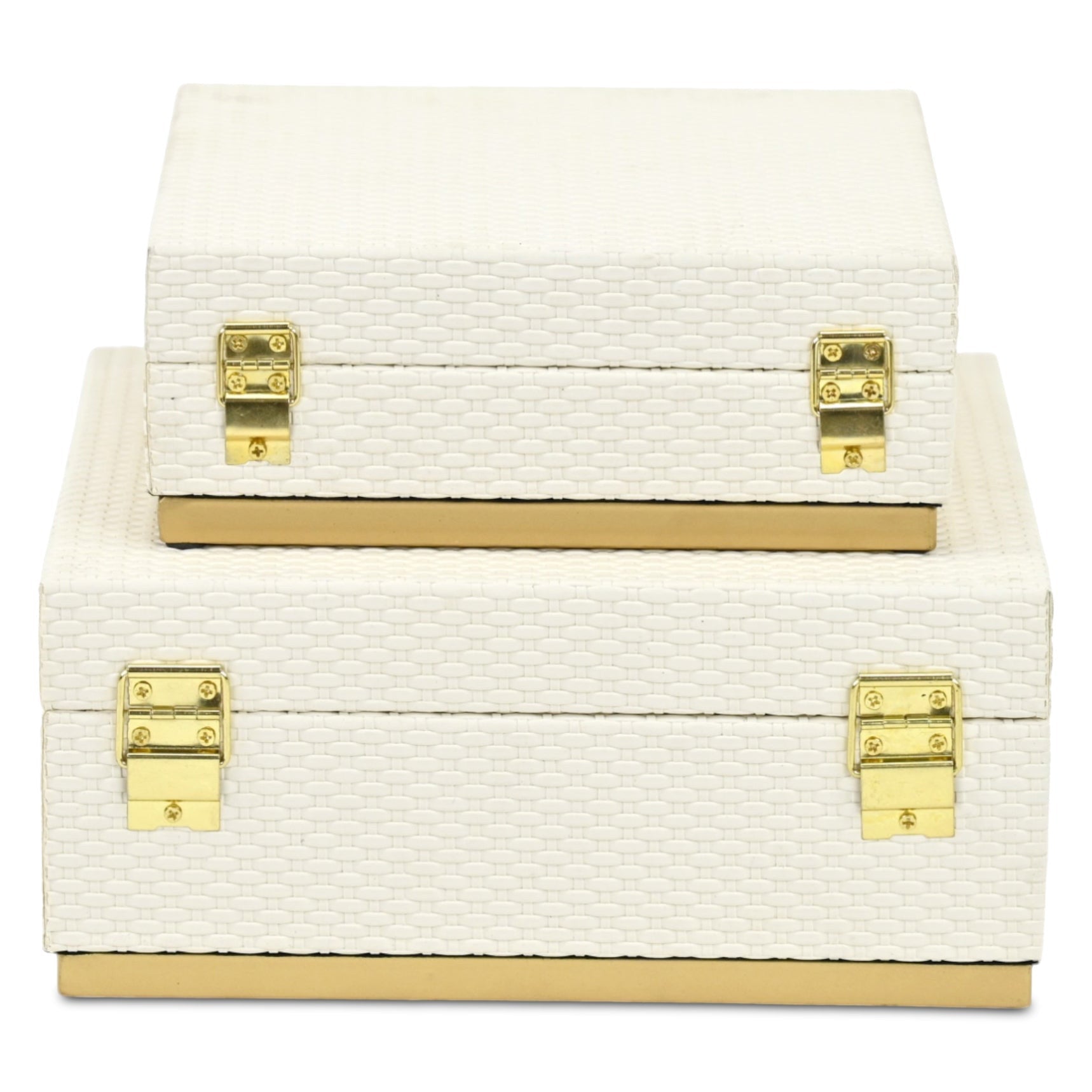 Set of Two White And Gold Square Nesting Decorative Storage Boxes With Lids