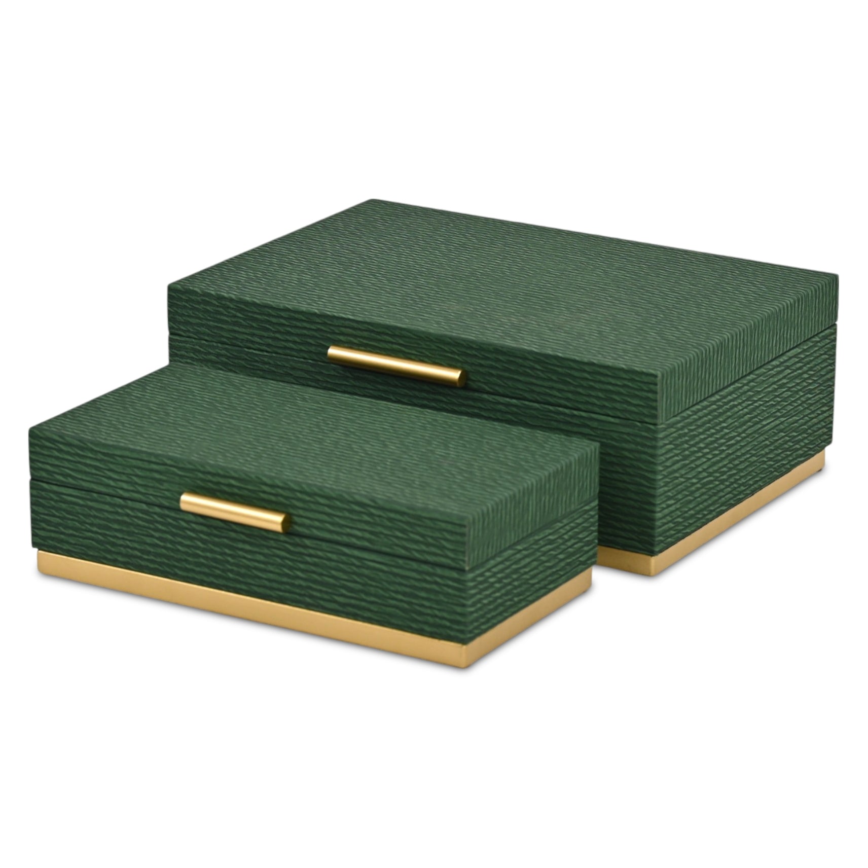 Set of Two Green And Gold Striped Nesting Storage Boxes With Lids