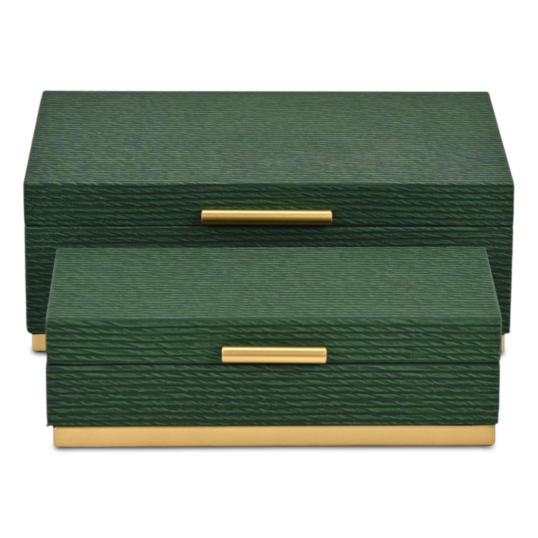 Set of Two Green And Gold Striped Nesting Storage Boxes With Lids