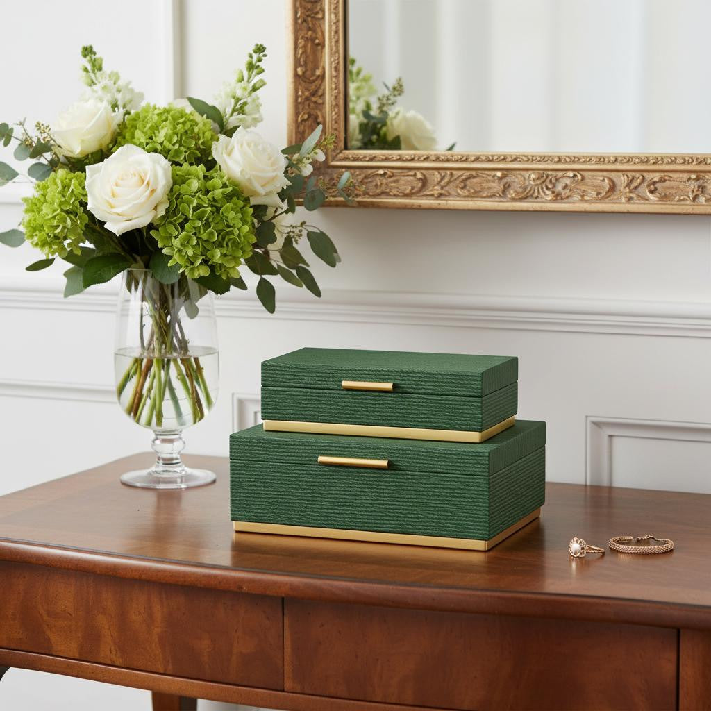 Set of Two Green And Gold Striped Nesting Storage Boxes With Lids