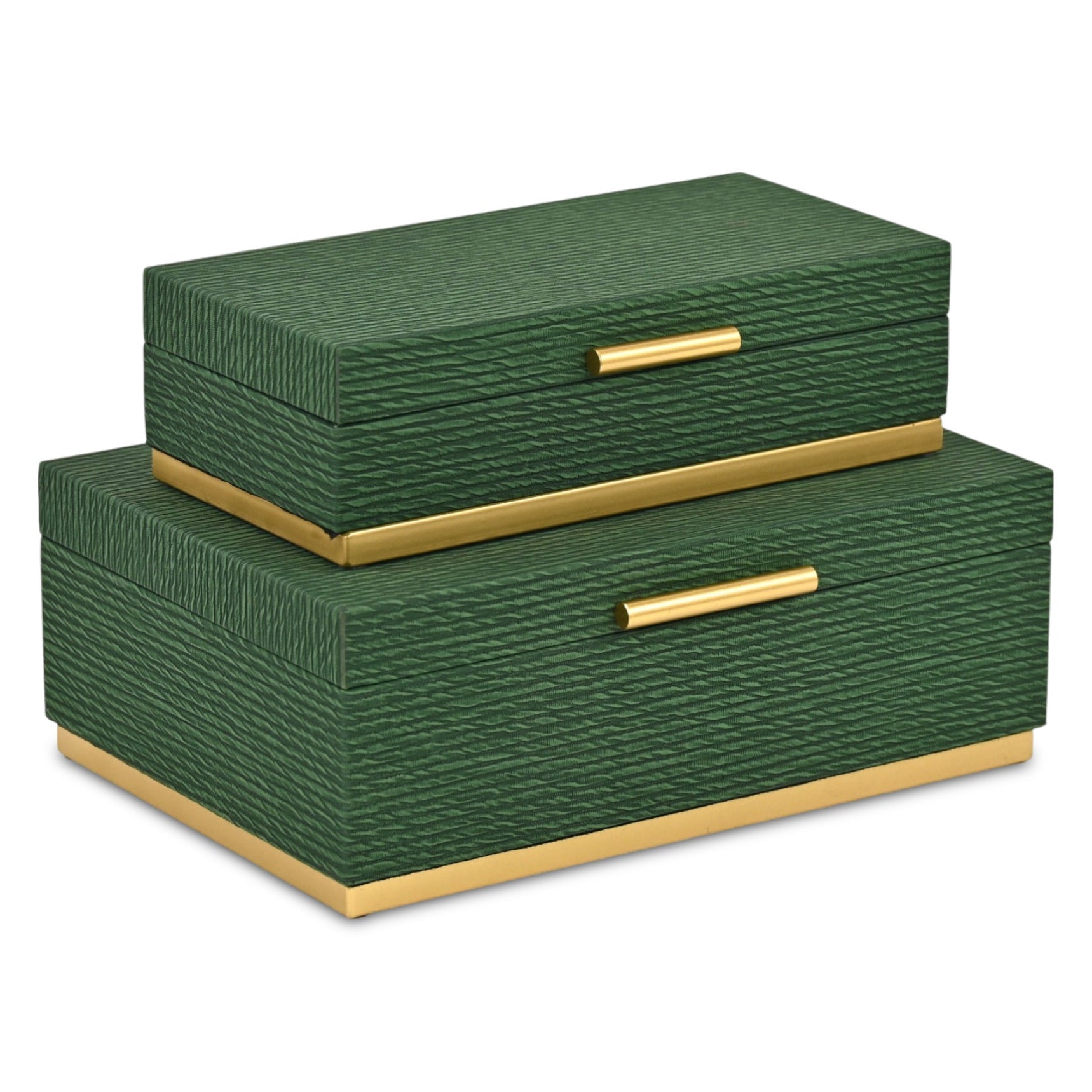 Set of Two Green And Gold Striped Nesting Storage Boxes With Lids