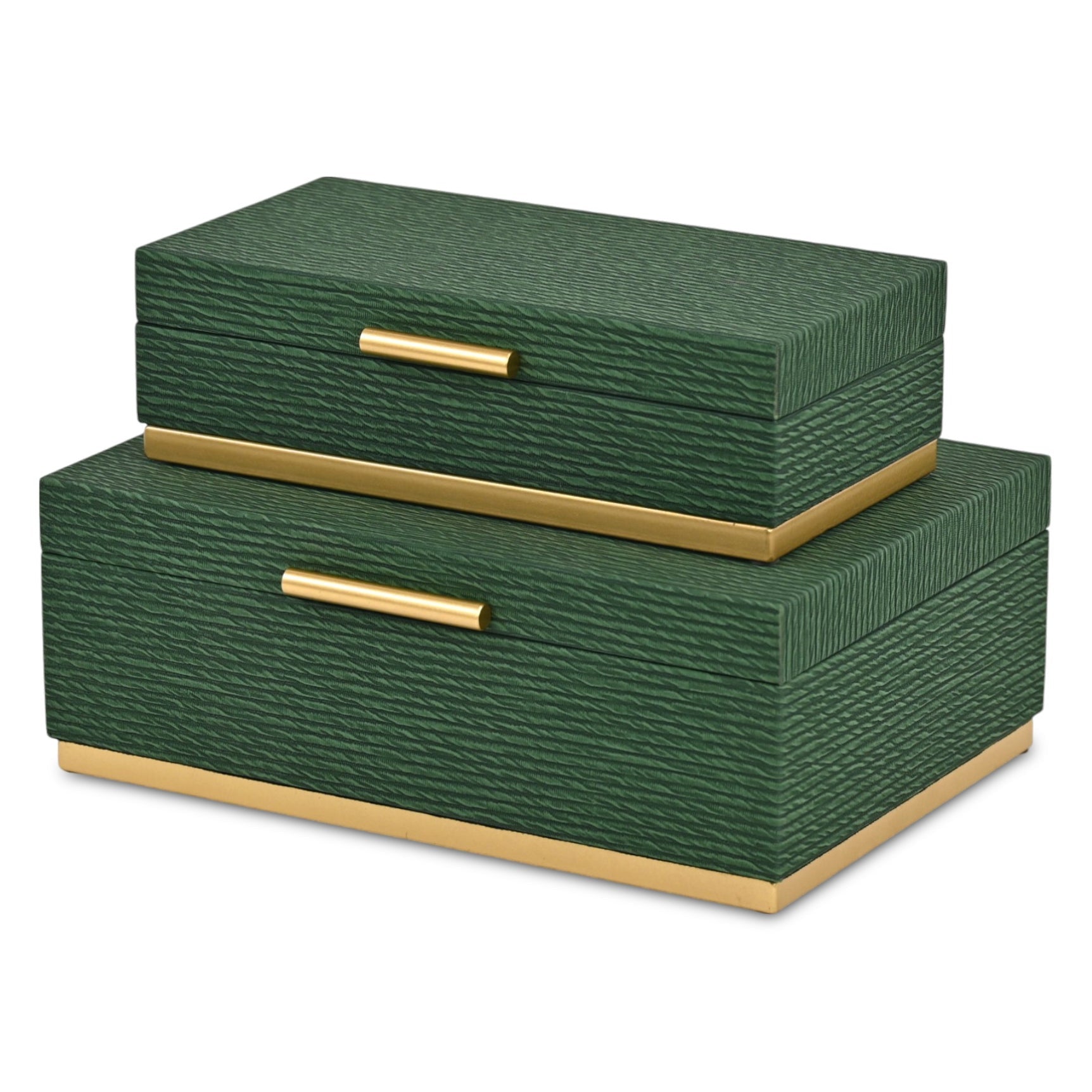 Set of Two Green And Gold Striped Nesting Storage Boxes With Lids