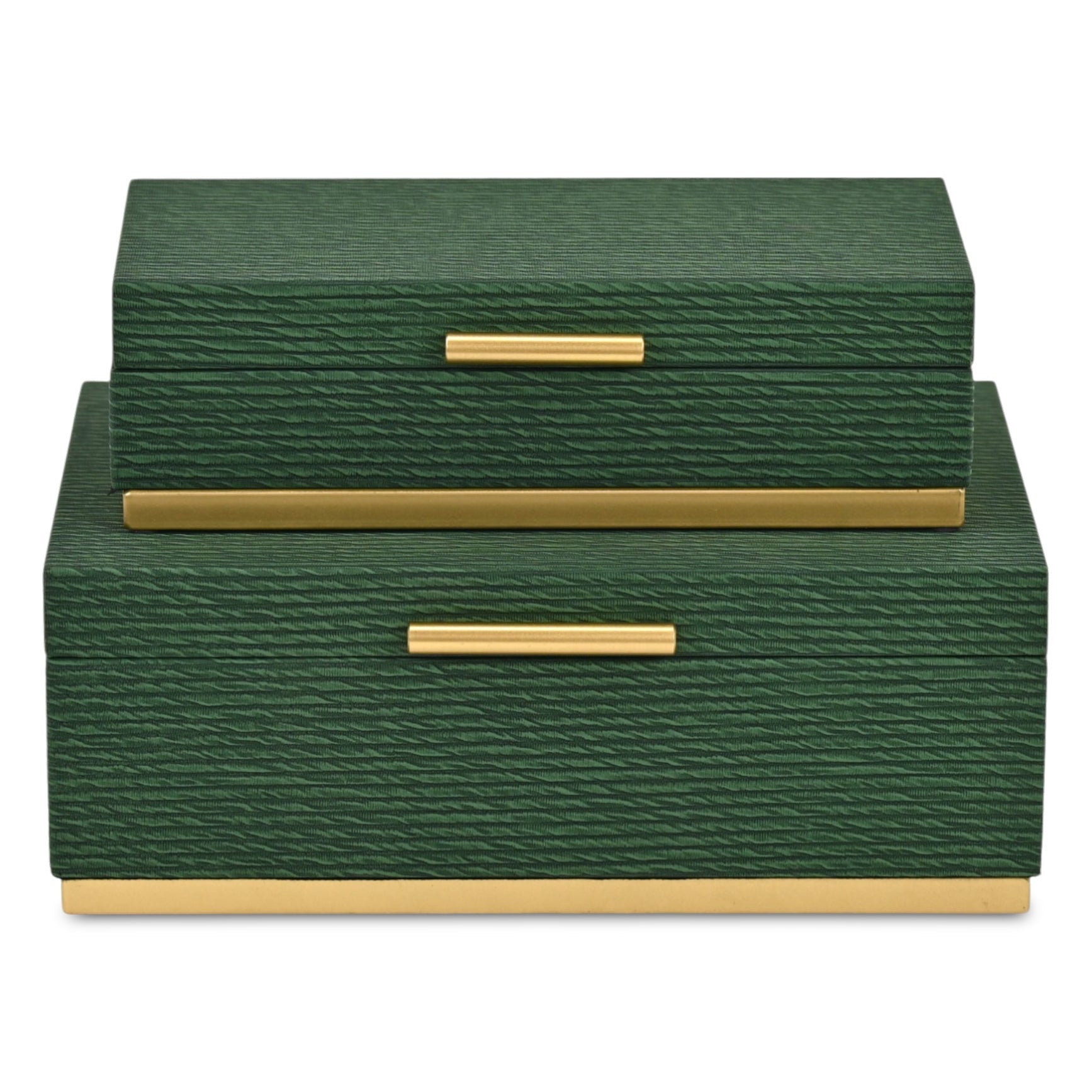 Set of Two Green And Gold Striped Nesting Storage Boxes With Lids