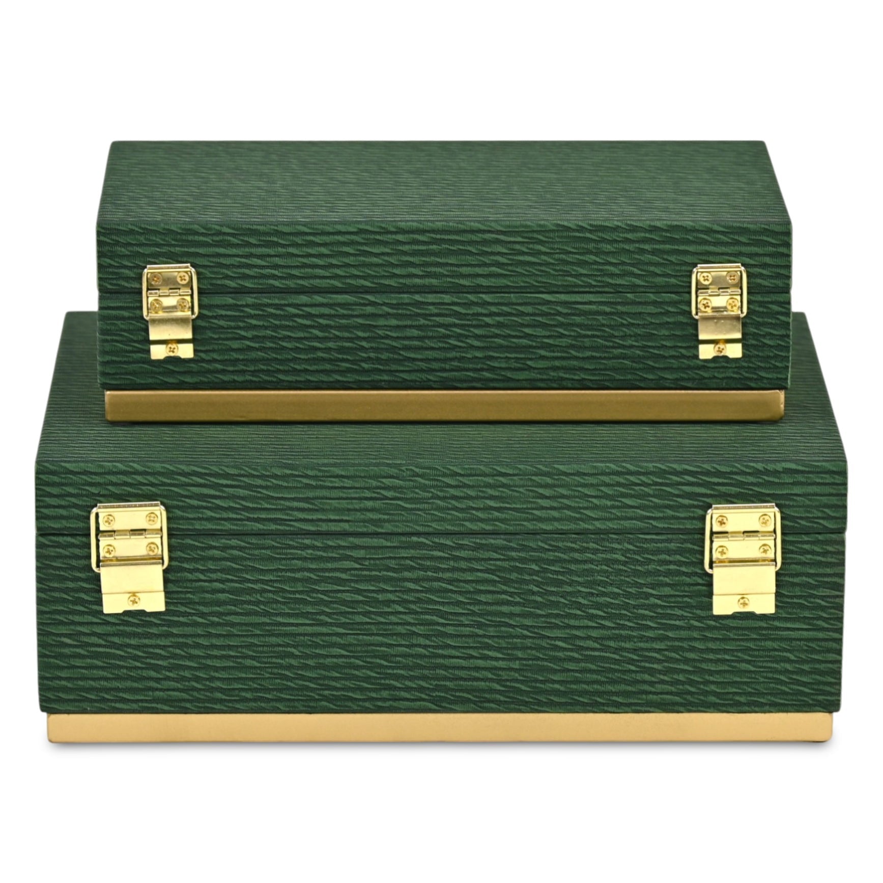Set of Two Green And Gold Striped Nesting Storage Boxes With Lids