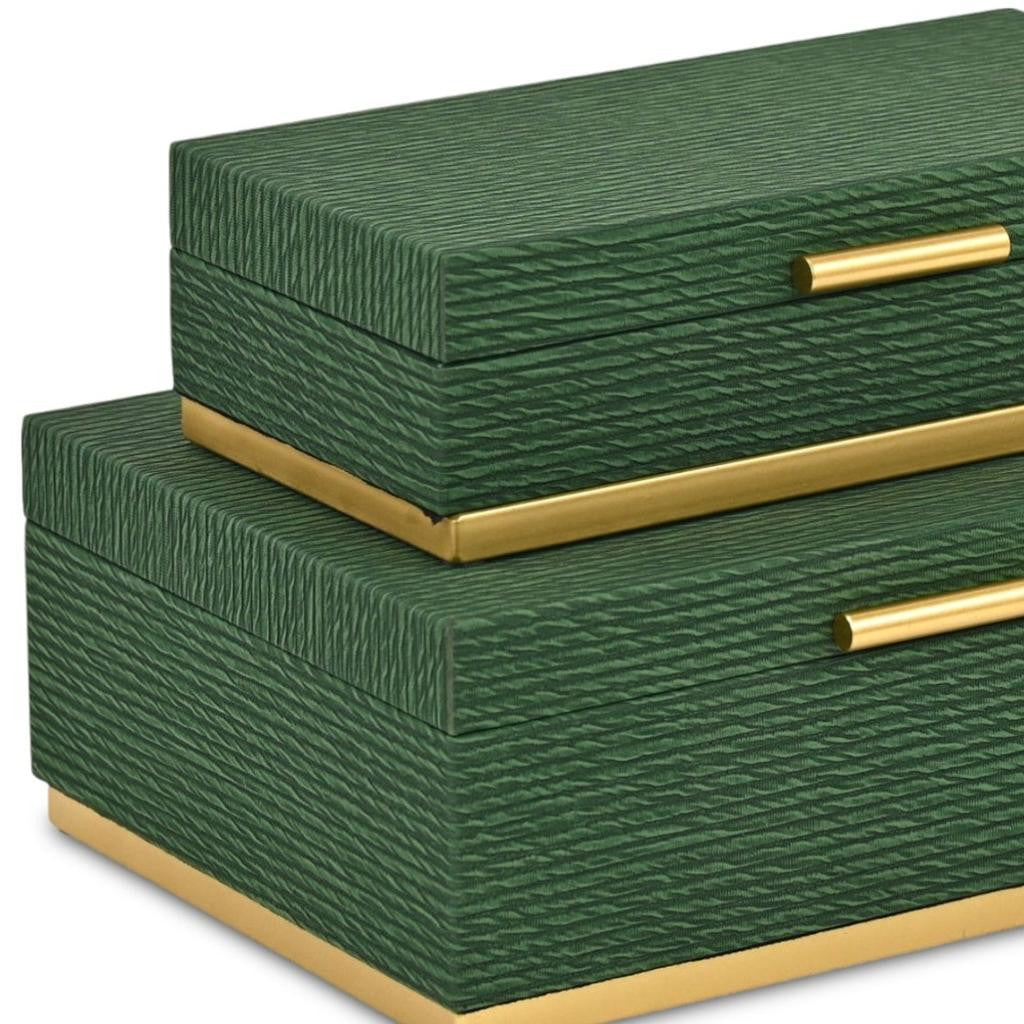 Set of Two Green And Gold Striped Nesting Storage Boxes With Lids