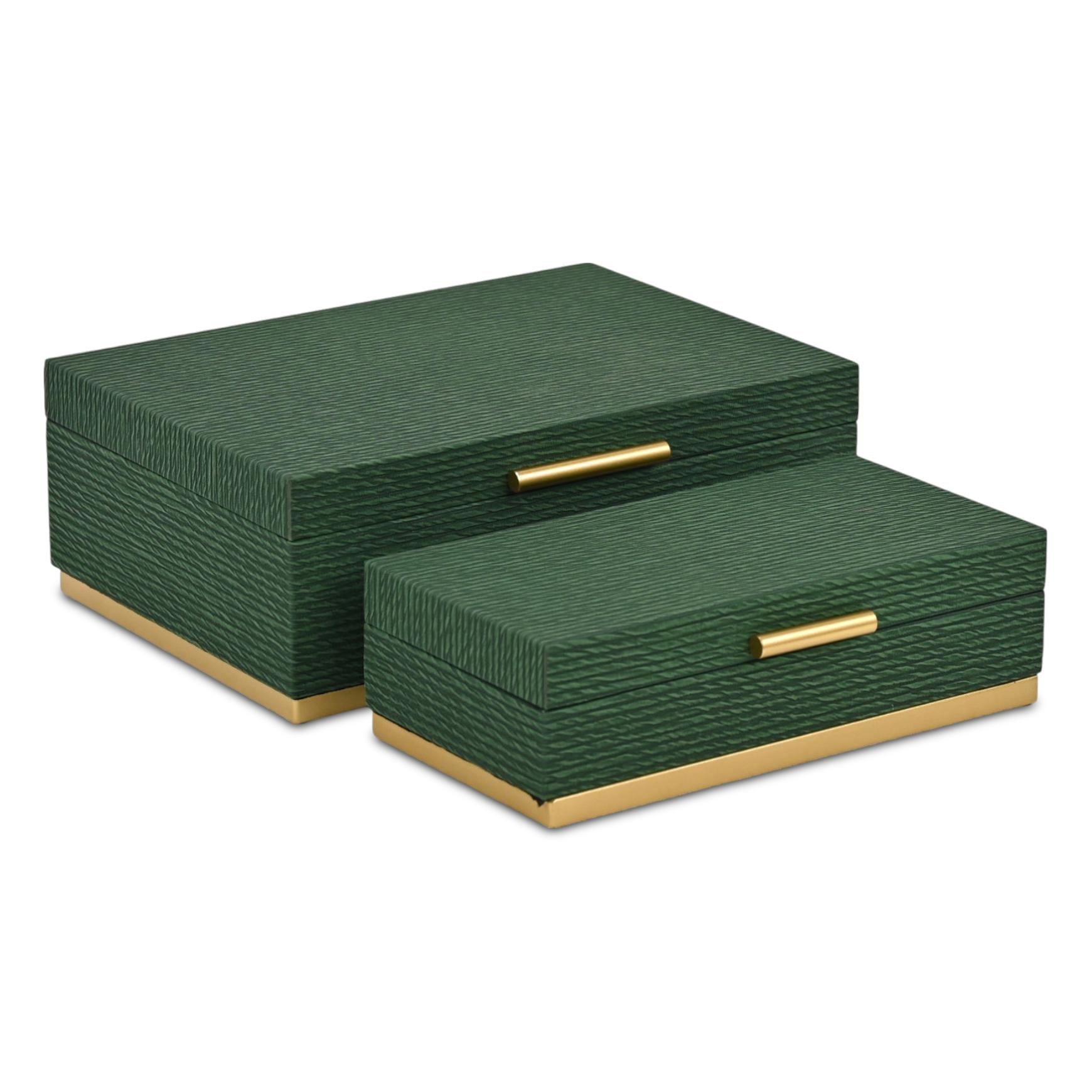 Set of Two Green And Gold Striped Nesting Storage Boxes With Lids
