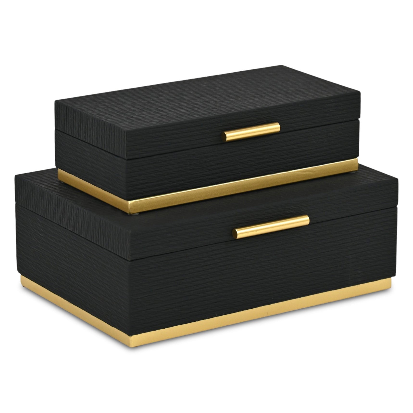 Set of Two Black And Gold Striped Nesting Storage Boxes With Lids