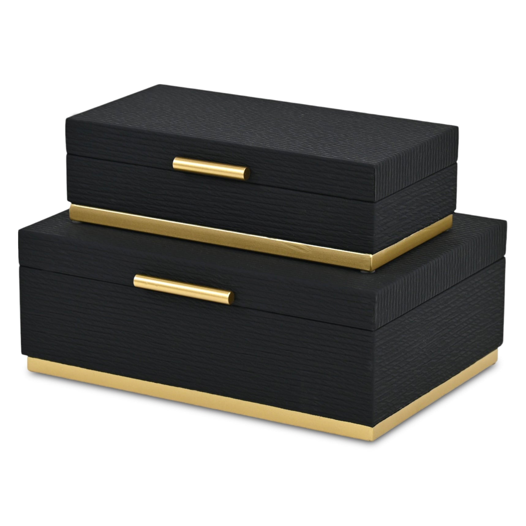 Set of Two Black And Gold Striped Nesting Storage Boxes With Lids