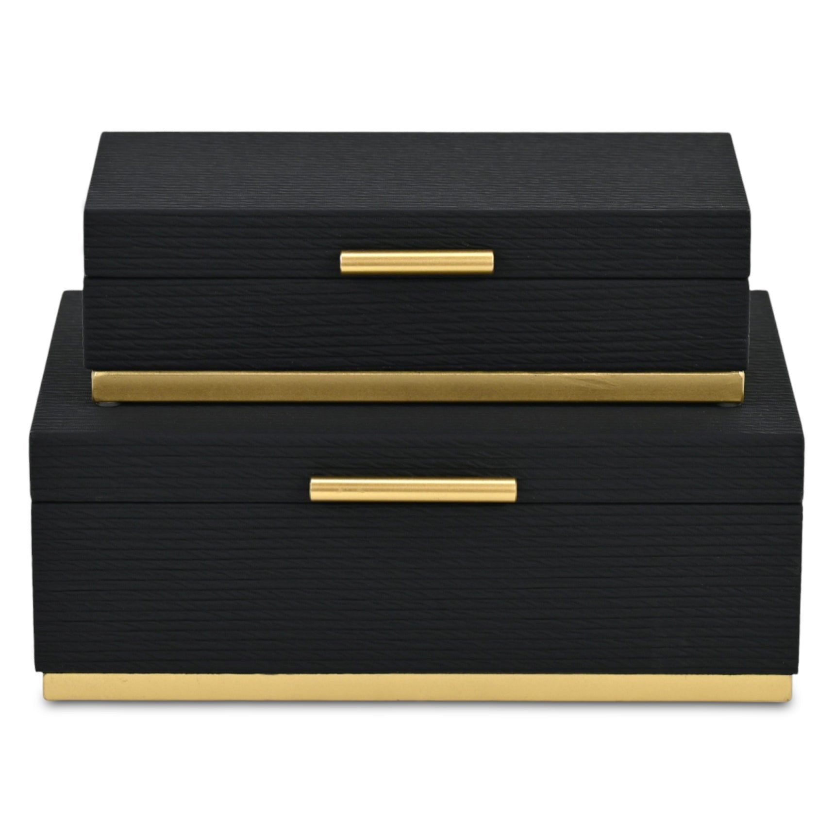 Set of Two Black And Gold Striped Nesting Storage Boxes With Lids