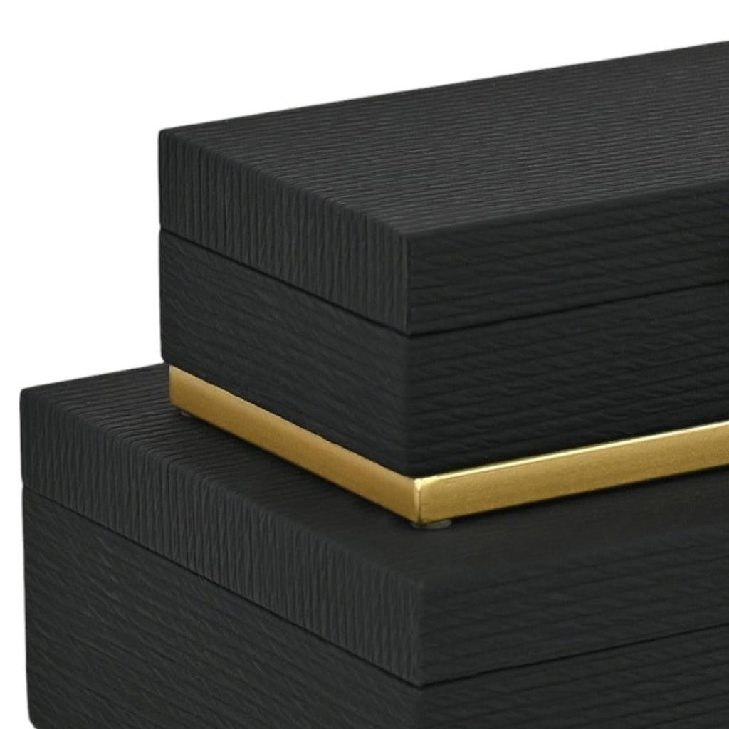 Set of Two Black And Gold Striped Nesting Storage Boxes With Lids