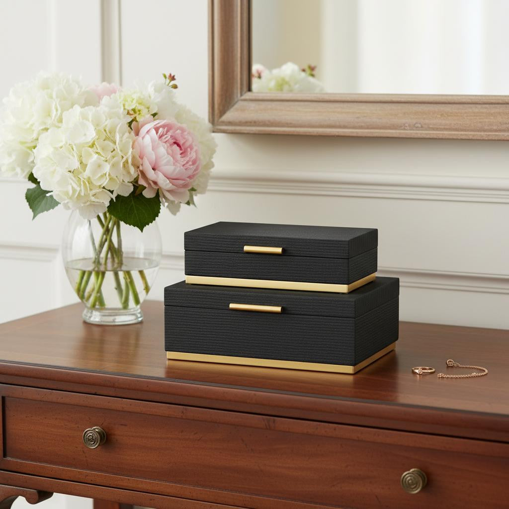 Set of Two Black And Gold Striped Nesting Storage Boxes With Lids