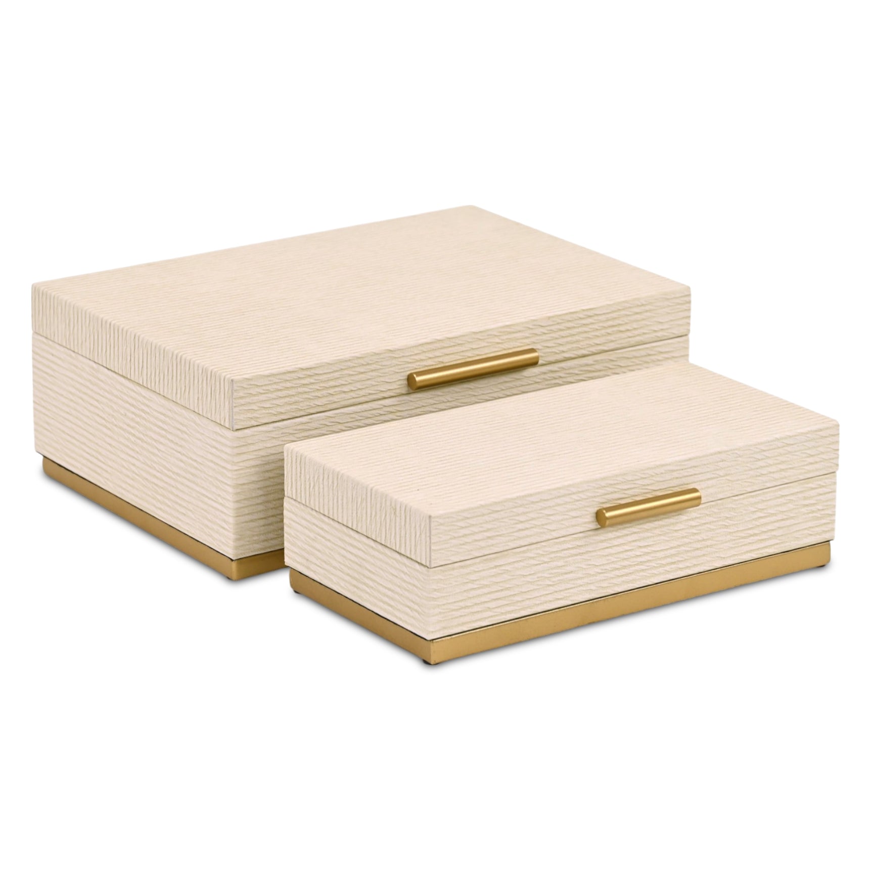 Set of Two Cream And Gold Striped Nesting Storage Boxes With Lids