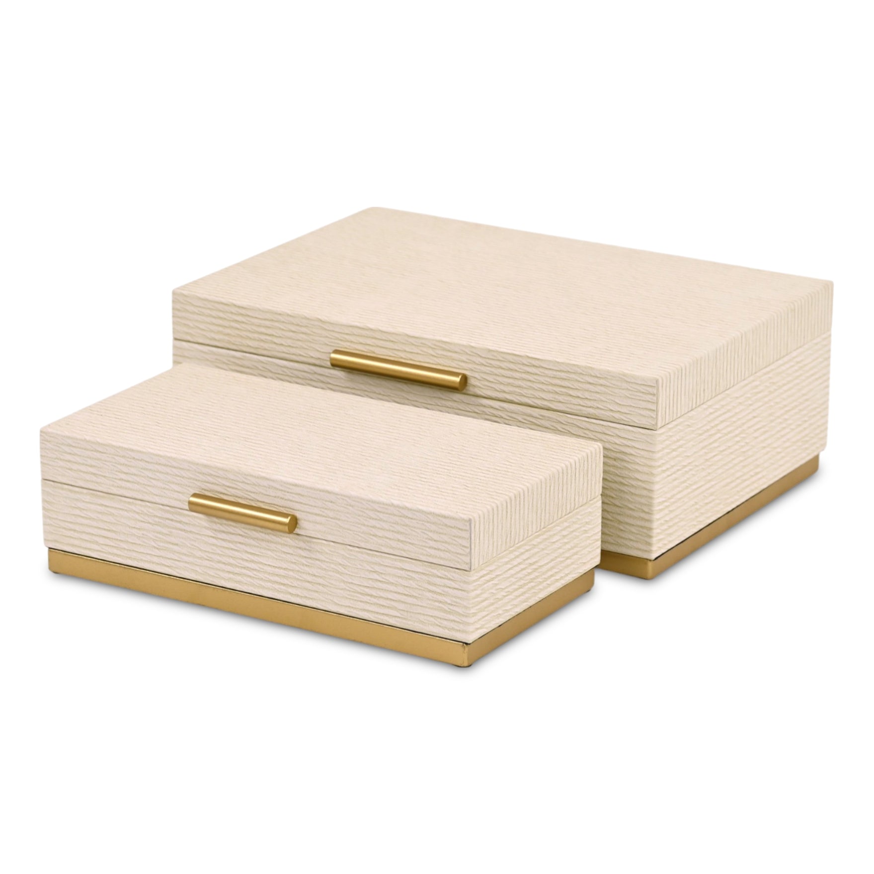 Set of Two Cream And Gold Striped Nesting Storage Boxes With Lids