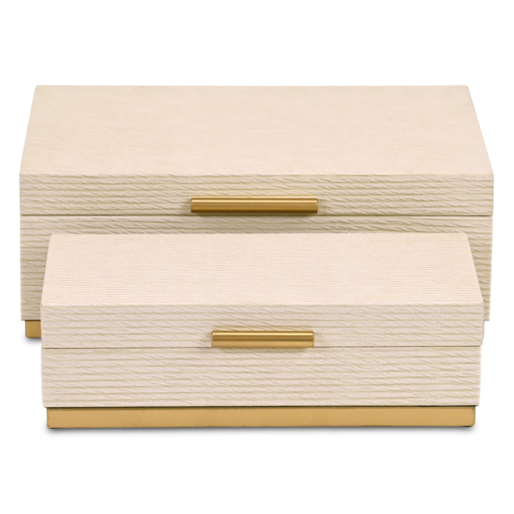 Set of Two Cream And Gold Striped Nesting Storage Boxes With Lids
