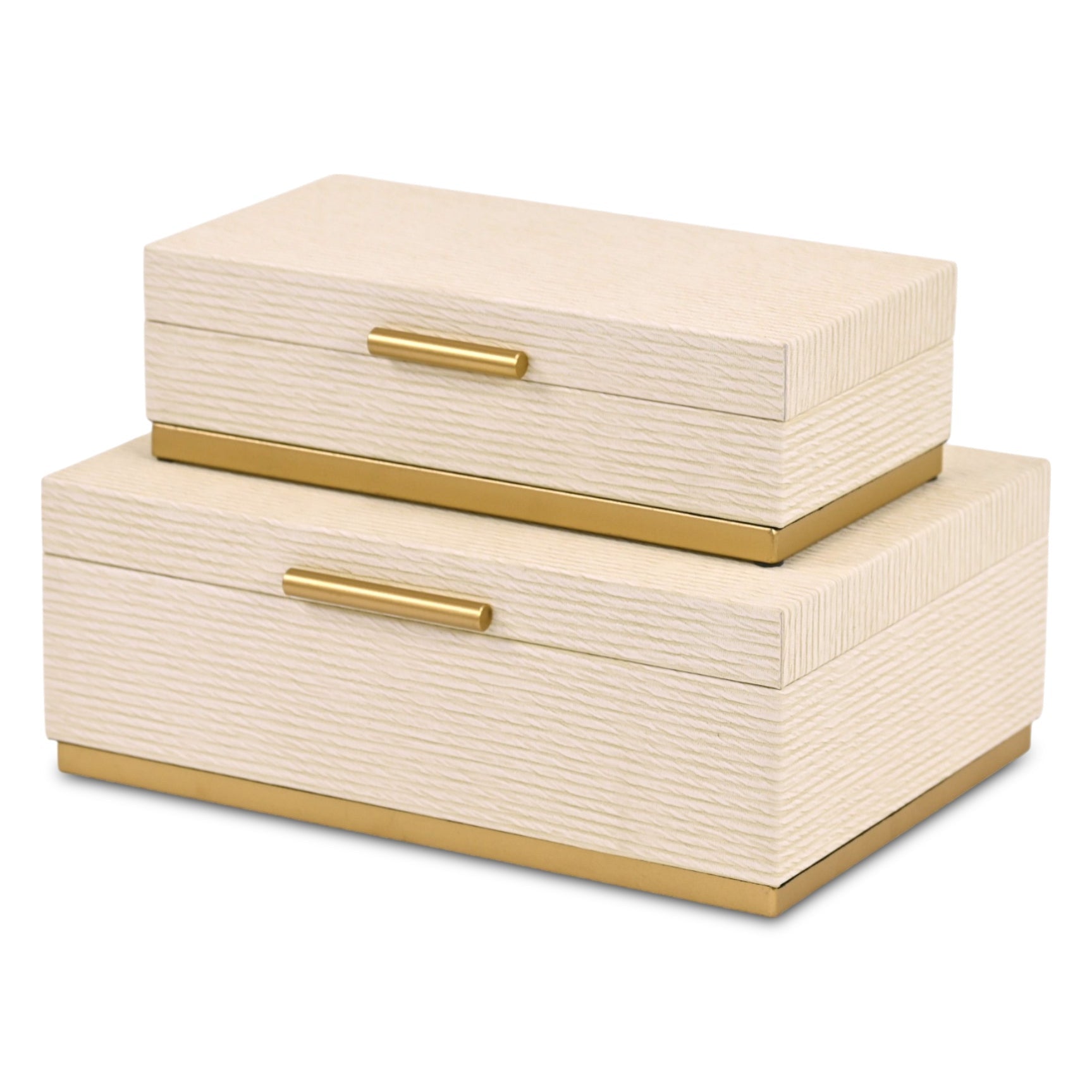 Set of Two Cream And Gold Striped Nesting Storage Boxes With Lids