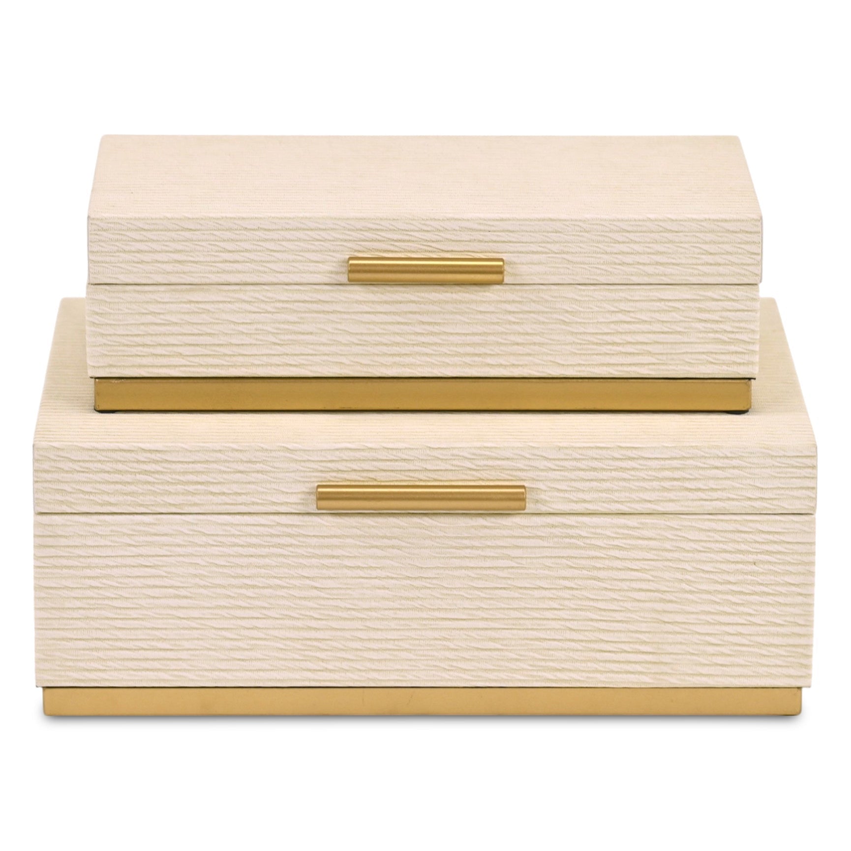 Set of Two Cream And Gold Striped Nesting Storage Boxes With Lids