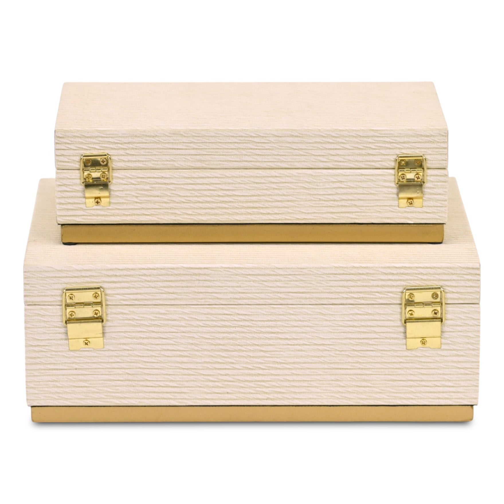 Set of Two Cream And Gold Striped Nesting Storage Boxes With Lids