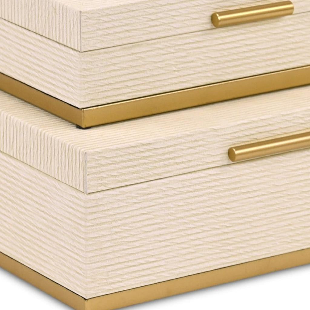 Set of Two Cream And Gold Striped Nesting Storage Boxes With Lids