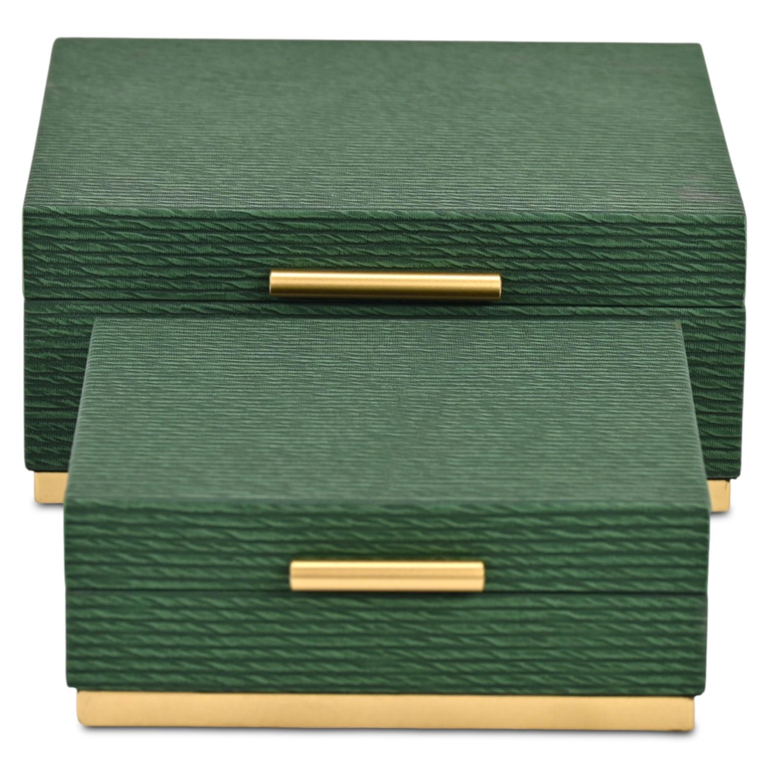 Set of Two Green And Gold Striped Square Nesting Storage Boxes With Lids