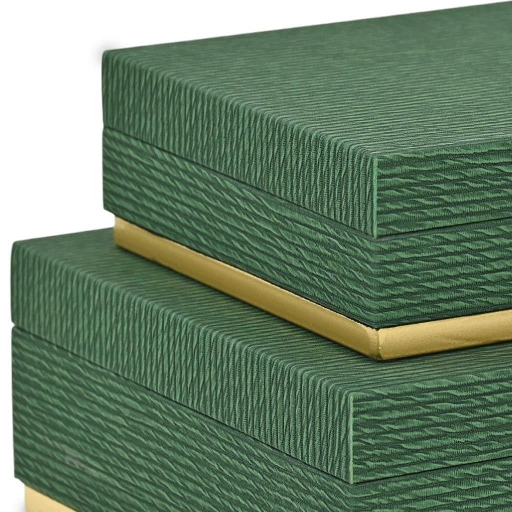 Set of Two Green And Gold Striped Square Nesting Storage Boxes With Lids