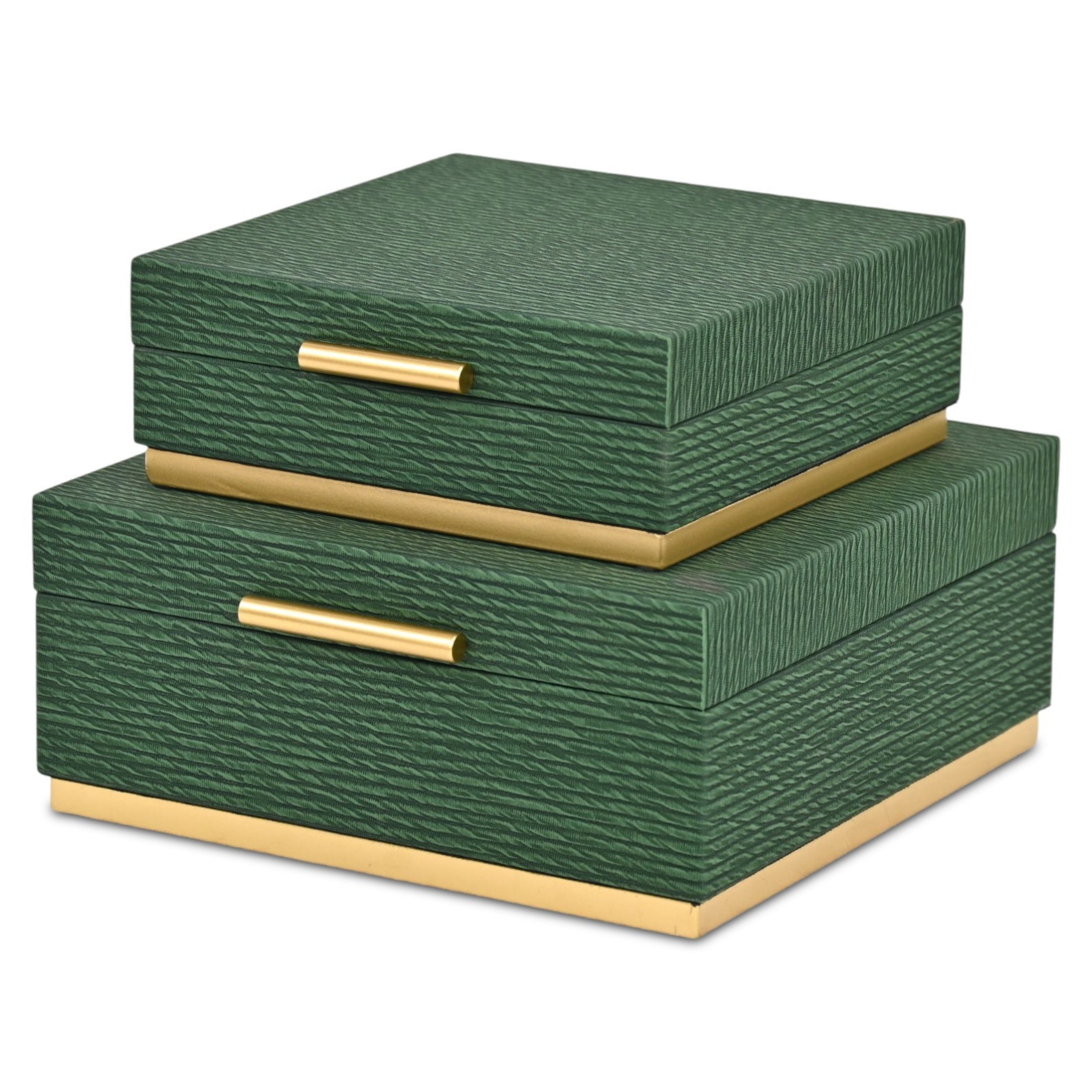 Set of Two Green And Gold Striped Square Nesting Storage Boxes With Lids