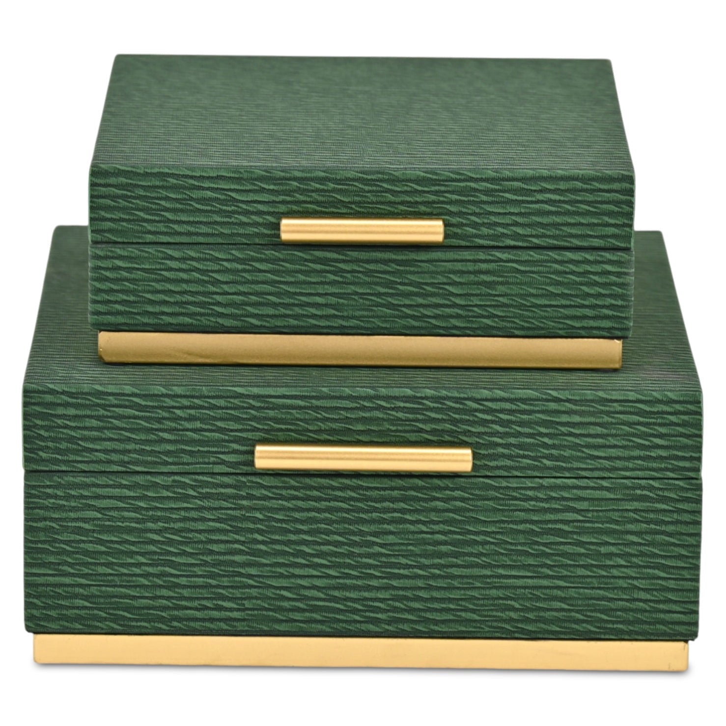 Set of Two Green And Gold Striped Square Nesting Storage Boxes With Lids
