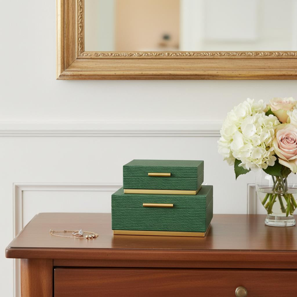 Set of Two Green And Gold Striped Square Nesting Storage Boxes With Lids