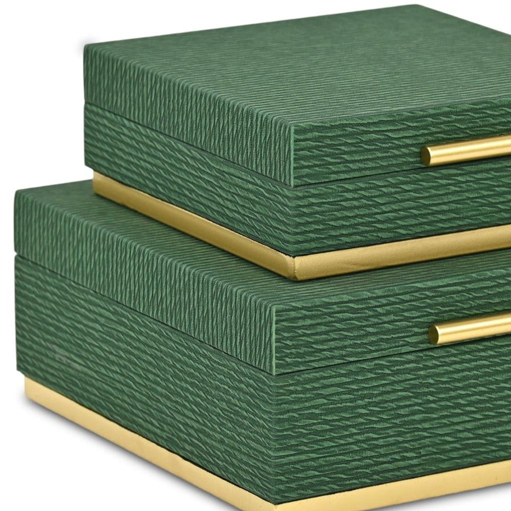 Set of Two Green And Gold Striped Square Nesting Storage Boxes With Lids