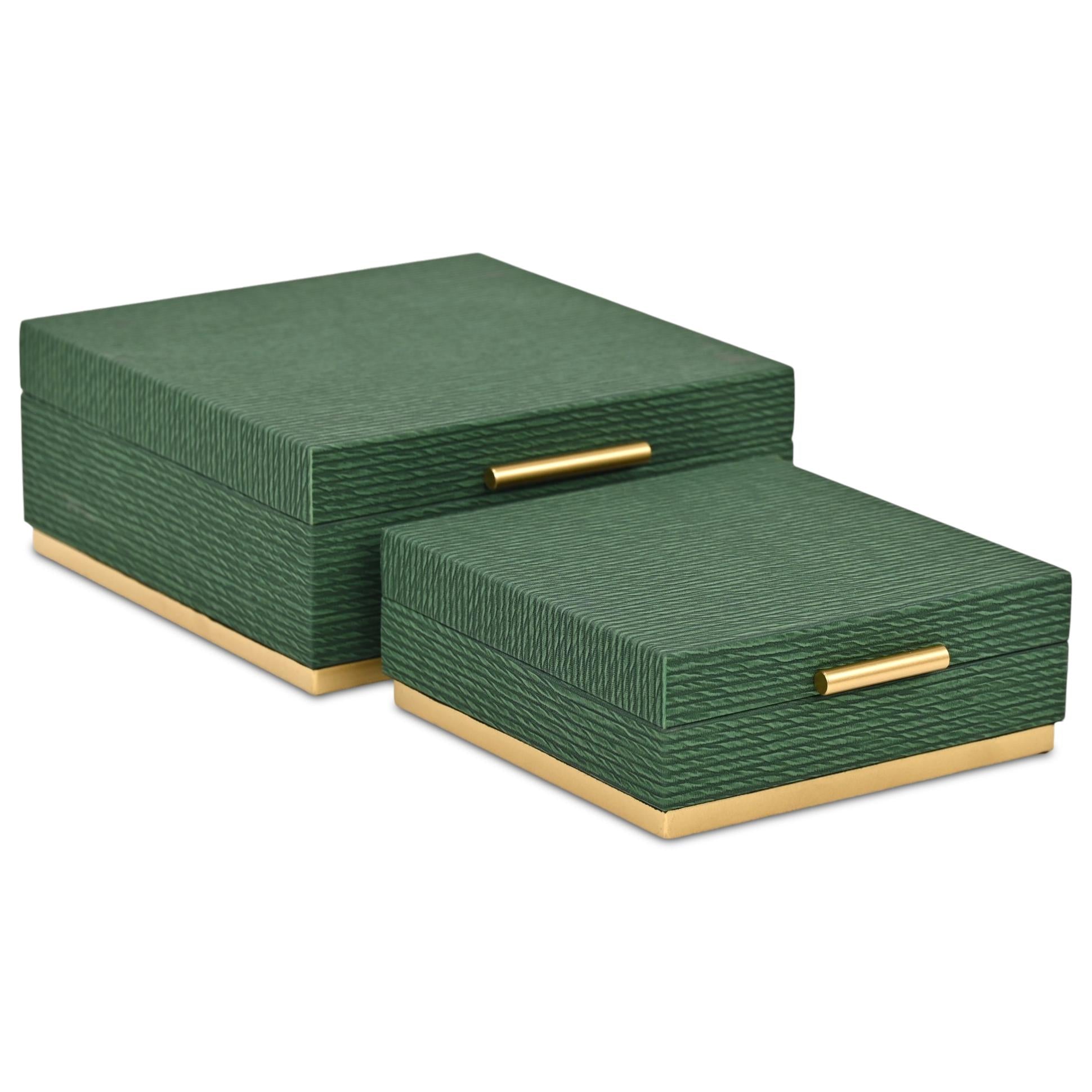 Set of Two Green And Gold Striped Square Nesting Storage Boxes With Lids